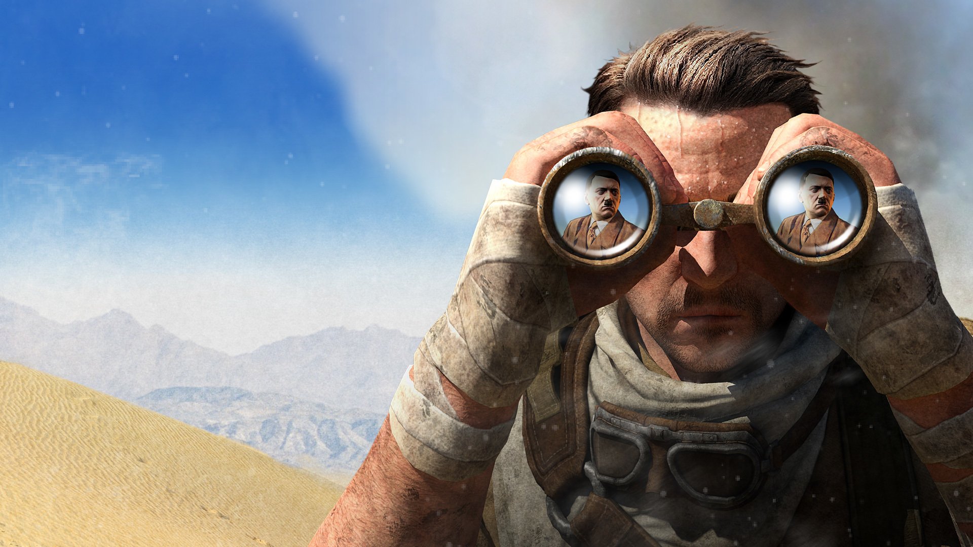 sniper elite 3 rebellion 505 games africa sniper elite sniper karl fairbairn karl fairburne glasses bandage sunglasses arafatka scarf sky clouds mountain sand smoke men military dune