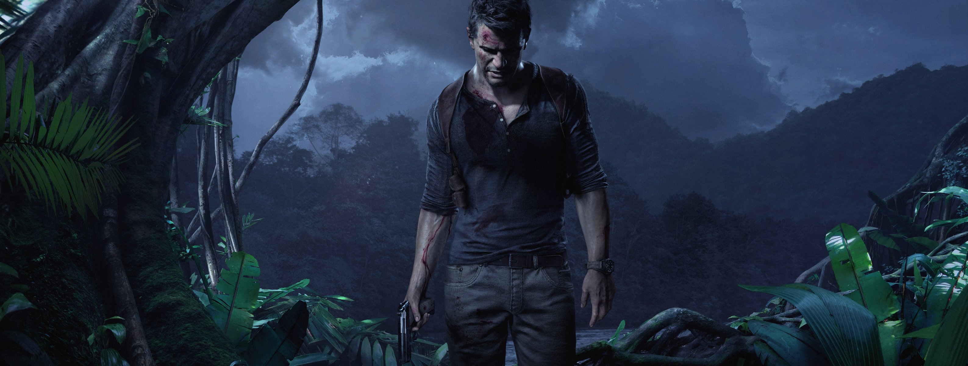 uncharted 4: a thief's end nathan drake weapon jungle watches clouds sky light tree water wound blood
