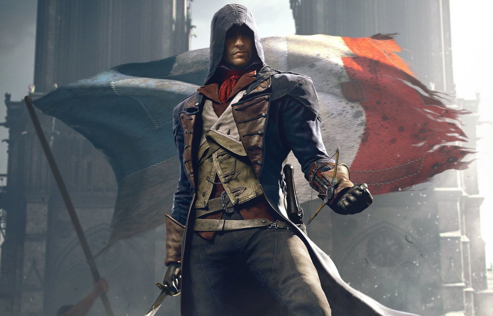 assassin's creed: unity ubisoft assassin's creed assassin's creed : unity flag arno hood industrial complex light weapon view cathedral