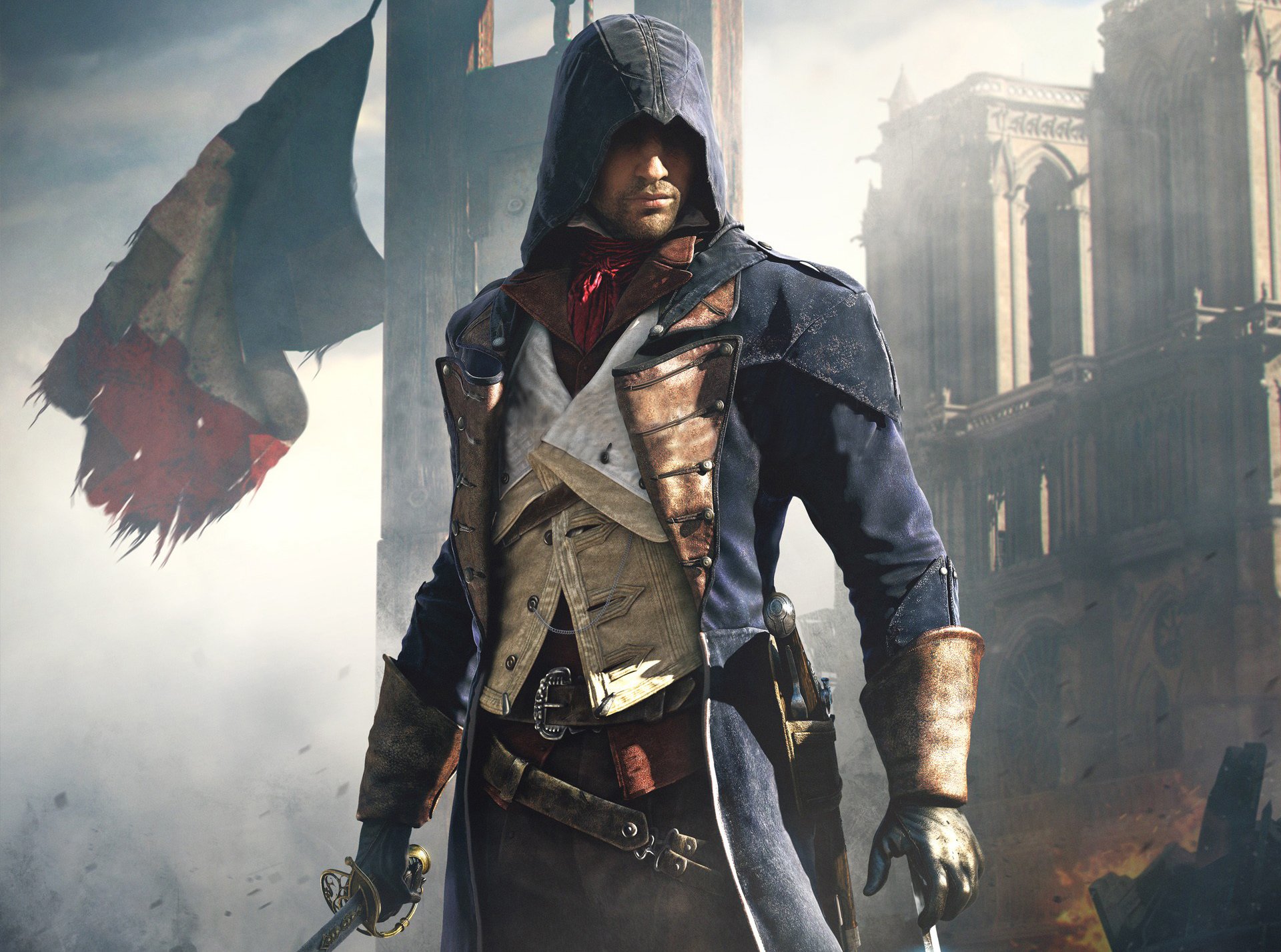 assassin's creed: unity arno killer hood paris pistol flag house sword blade sky ubisoft