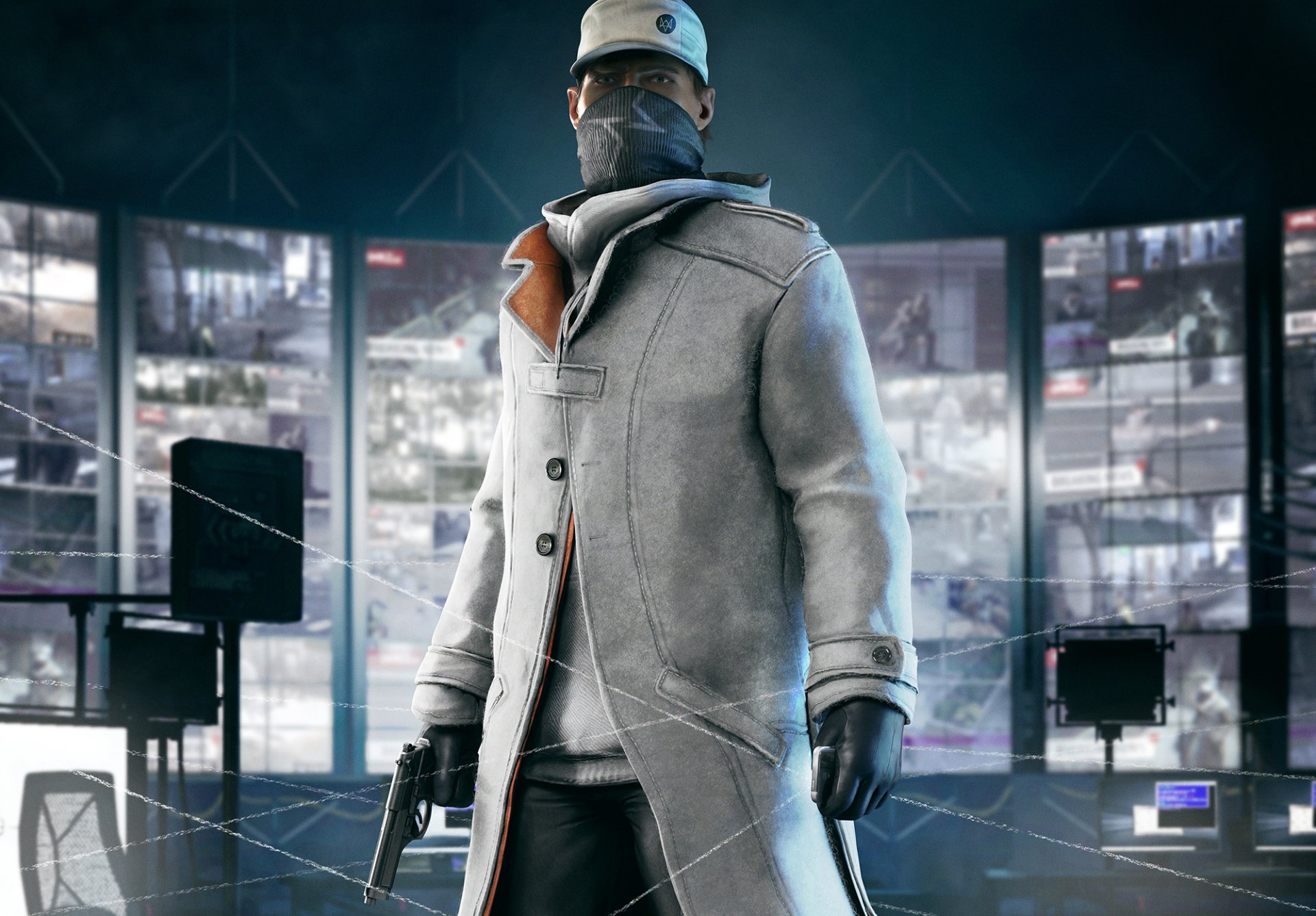 watch dogs watchdogs aiden pearce aiden pierce suit coat gloves weapon cap monitors bandage view sweater mobile phone ps3 ps4