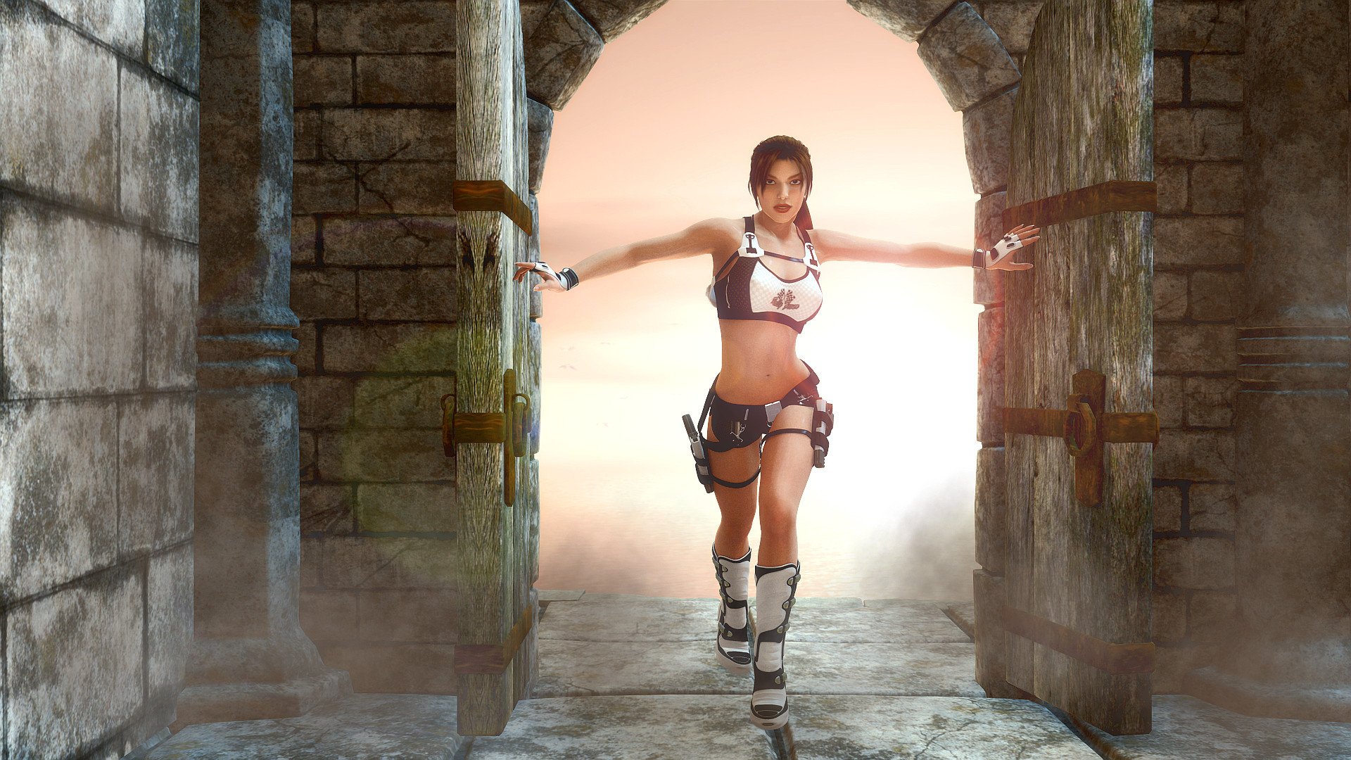 tomb raider lara croft girl game doors input weapon guns view shorts