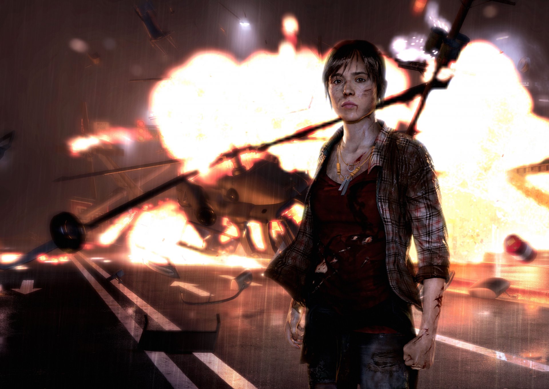 beyond: two souls girl jodie holmes jody holmes ellen page fragments view scars helicopters downfall fire necklace explosion road ps3 sony computer entertainment quantic dream