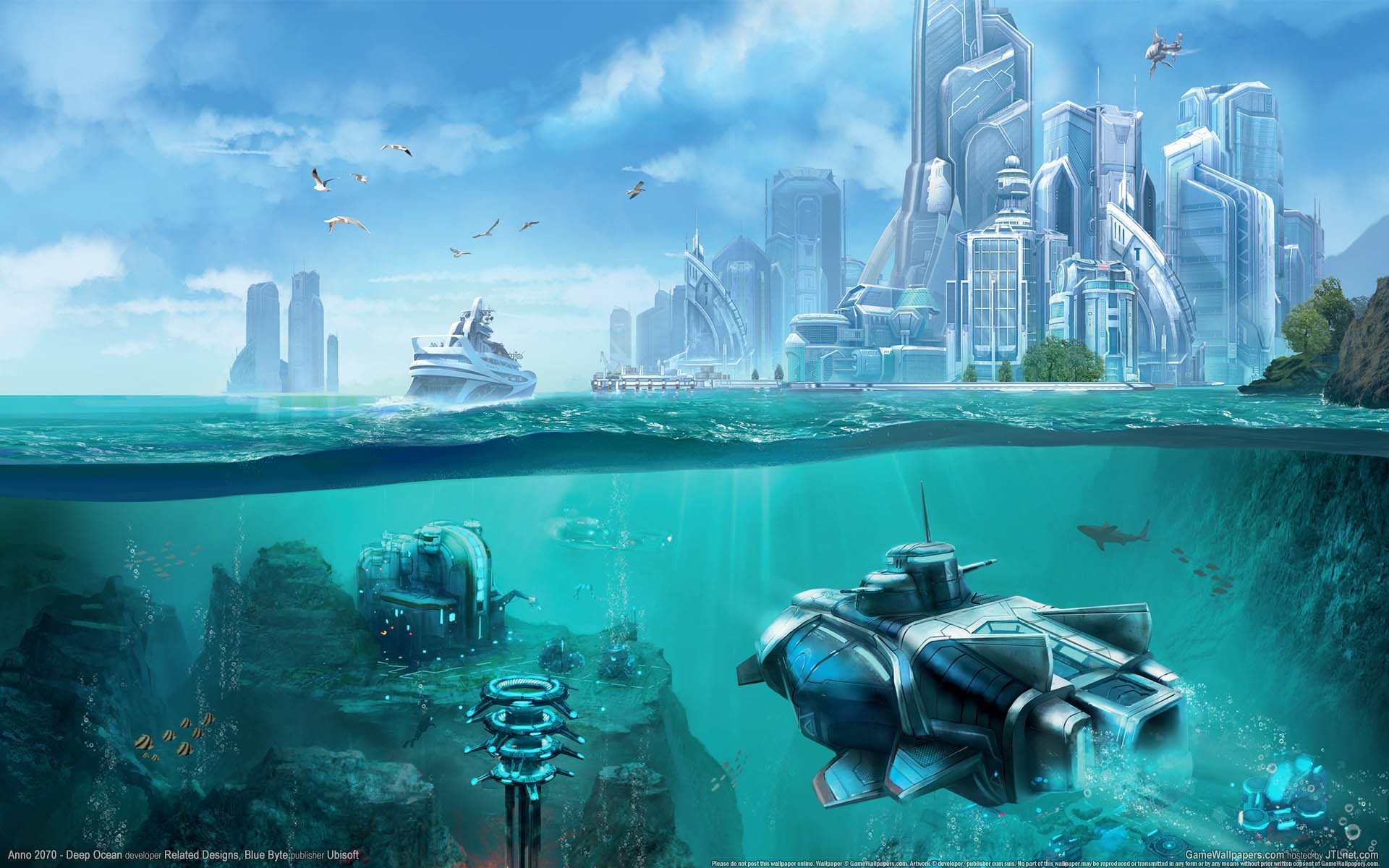 anno 2070 - deep ocean anno game wallpapers future futuristic city ocean underwater world station the device jet reef ship town futurism sky gulls