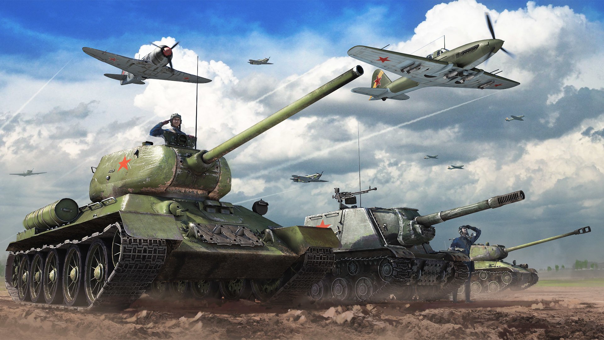 war thunder gaijin entertainment the situation aviation sky clouds soviet union fighter tanks pt-acs t-34-85 medium tank integrated circuits heavy tank anti- acs fr isu-152 trunk iron land zest tanker