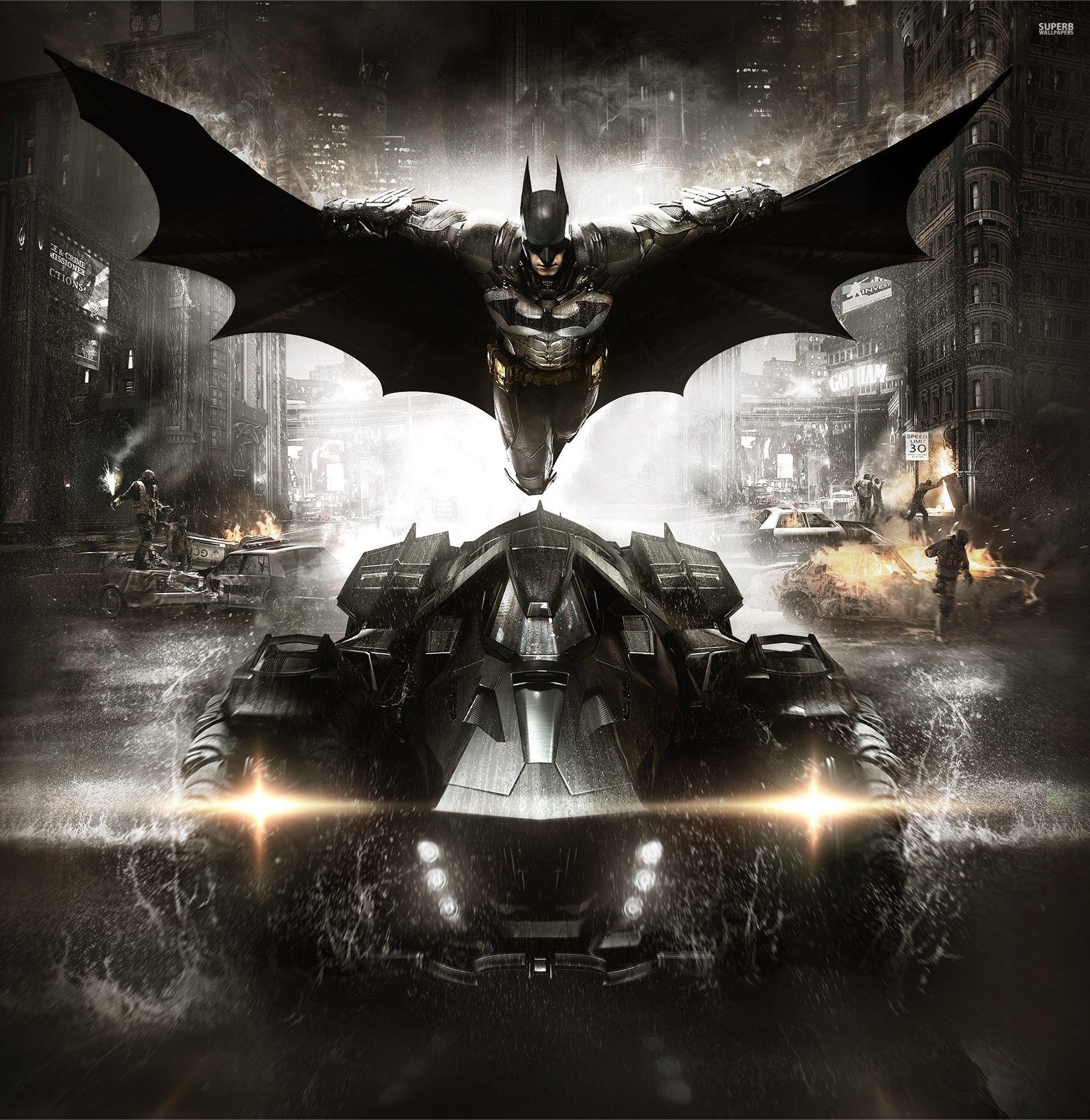 batman: arkham knight batman: the knight of arkham bruce wayne defender fighter coat armour industrial complex batmobile steel town smoke machinery house rocksteady studios warner bros. interactive en