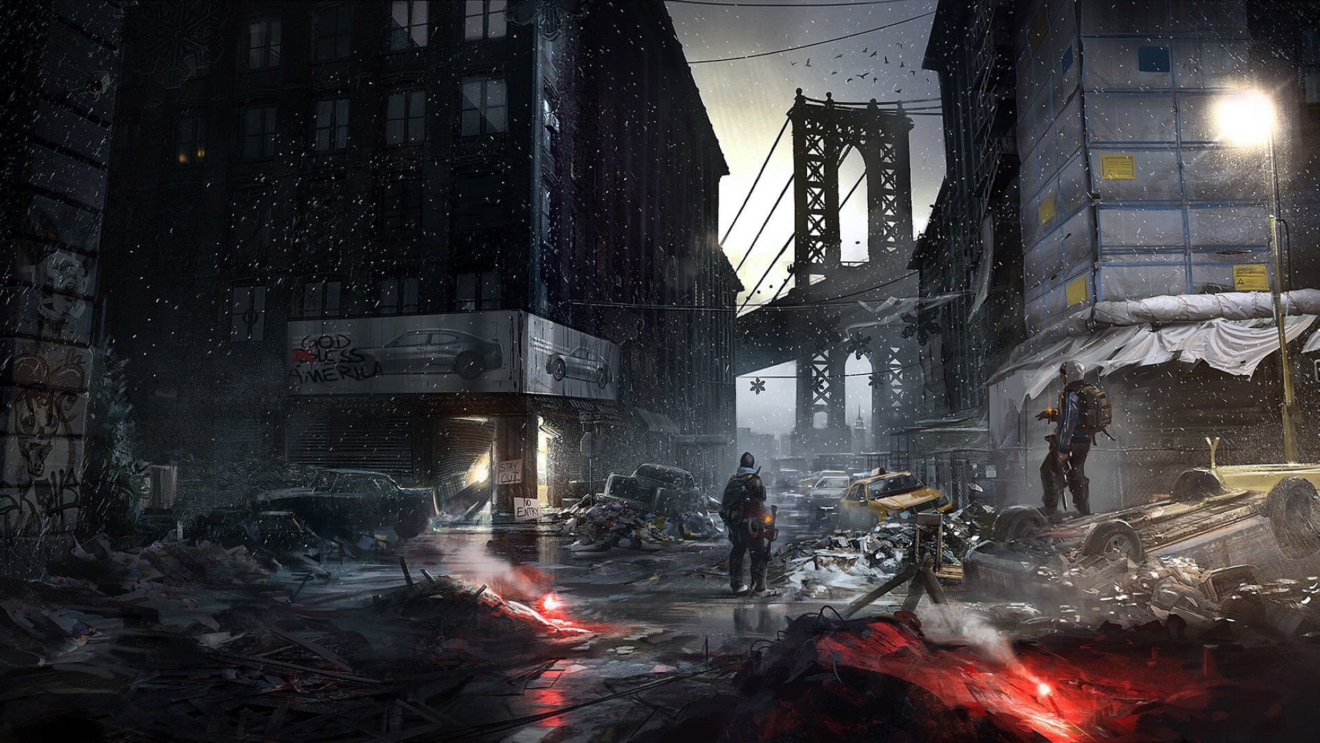 tom clancy's the division ubisoft entertainment art the situation town bridge machinery buildings lights a sign torch wire sky window graffiti spotlight fence post inscription weapon clouds birds surv