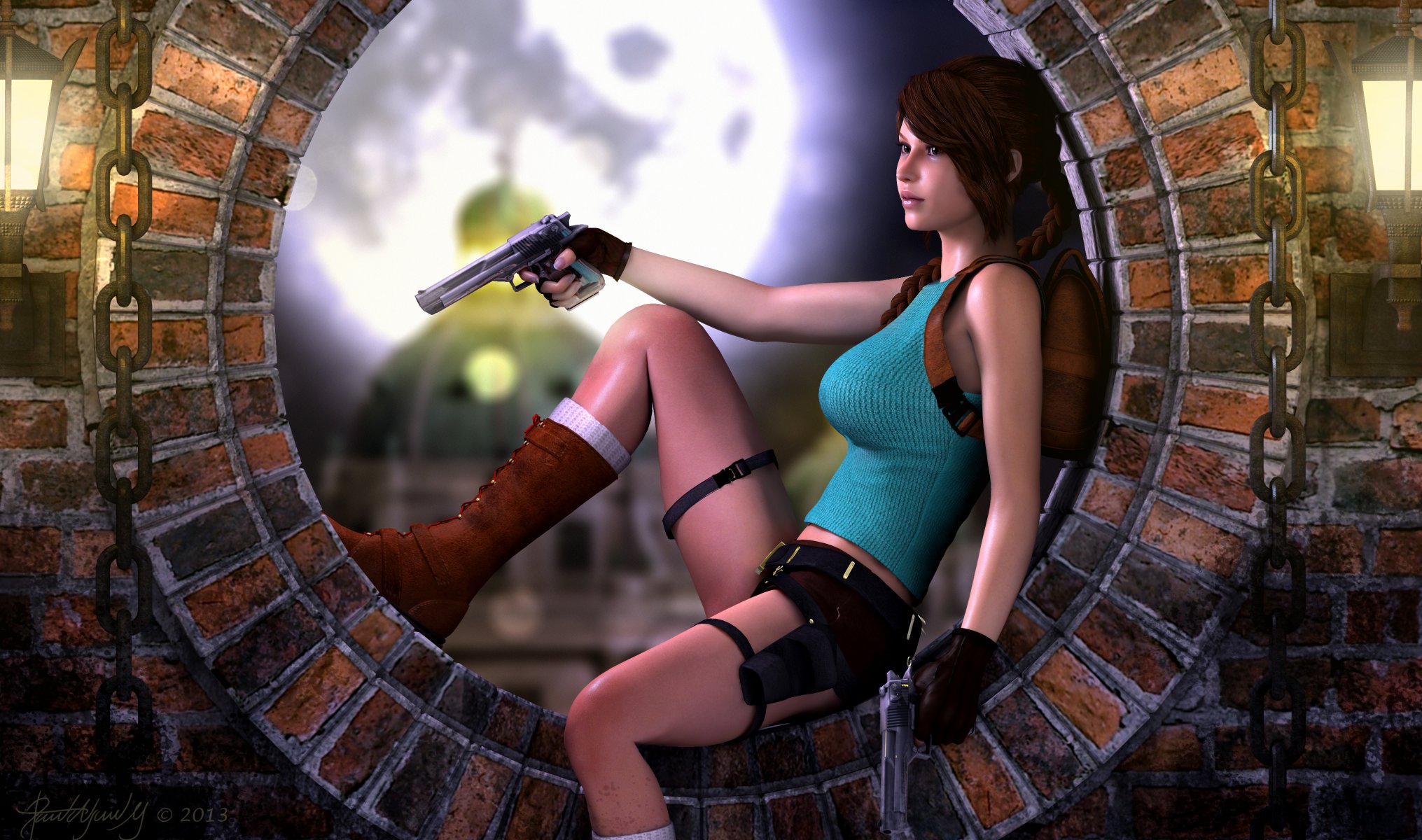 lara croft tomb raider lara croft tomb raider girl sitting weapon guns face jersey chains