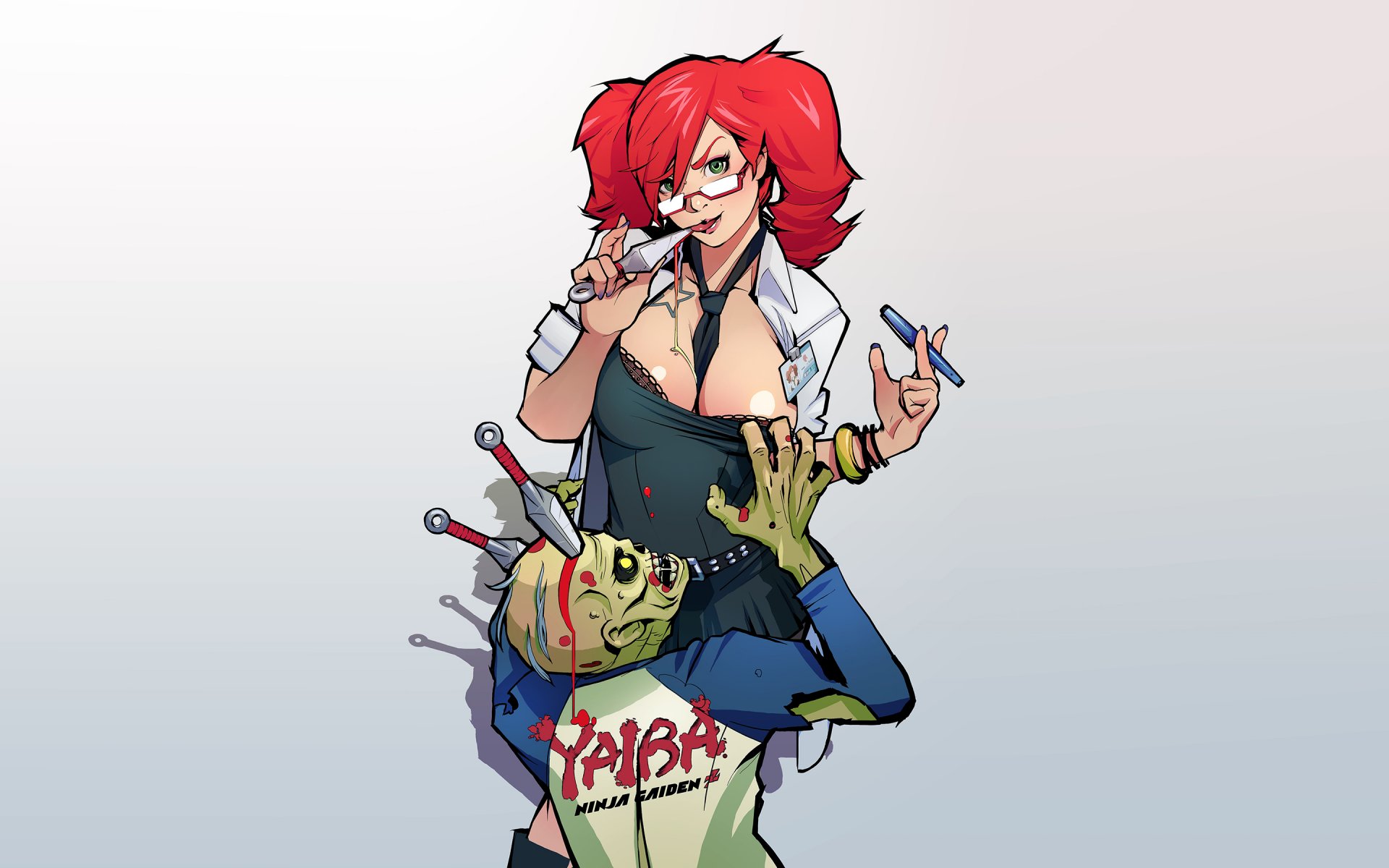 yaiba: ninja gaiden z girl miss monday zombie zombi kunai view sunglasses badge blood necktie pen teeth belt shadow english breasts team ninja spark unlimited comcept tecmo koei