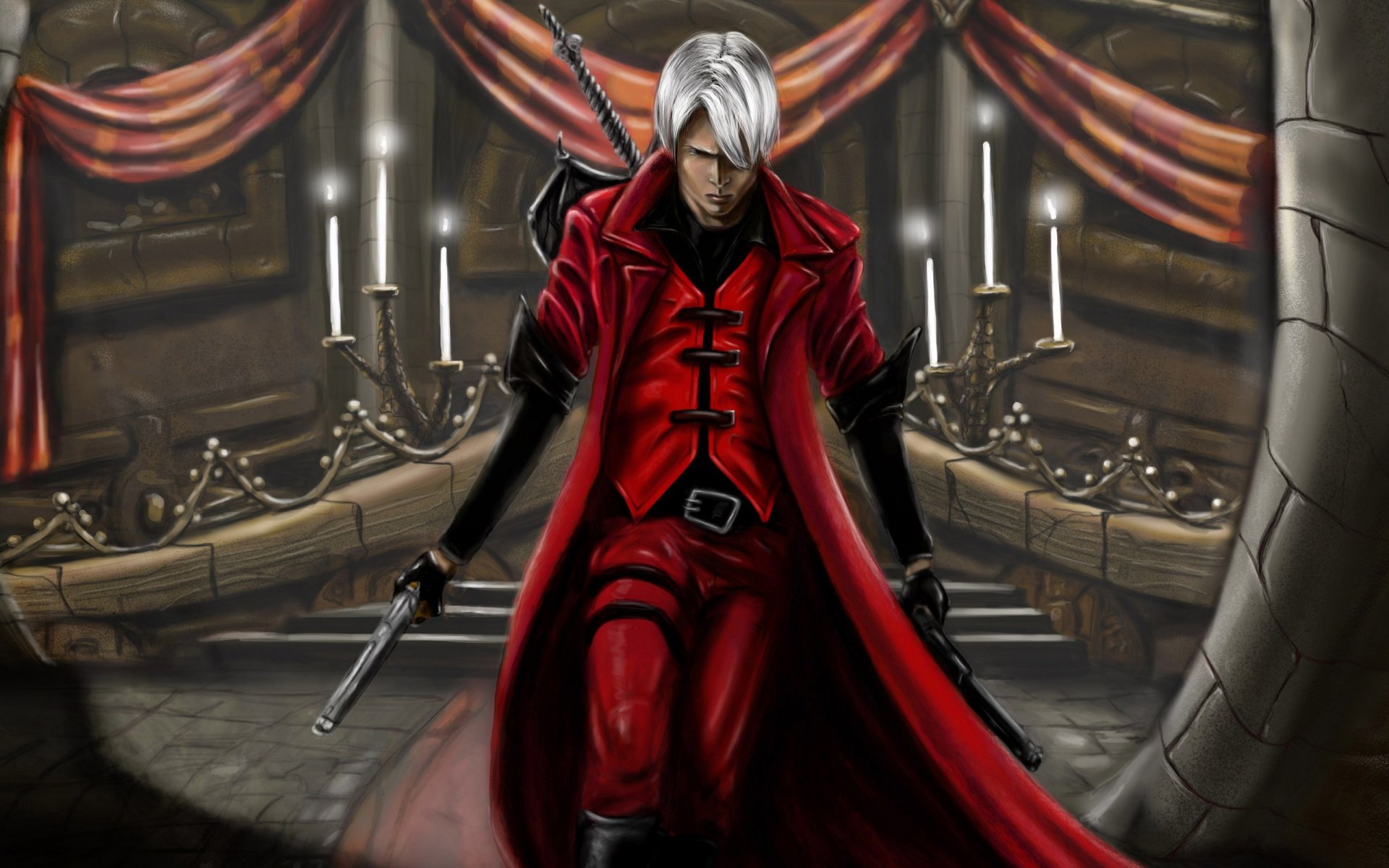 devil may cry 1 dmc 1 game wallpapers dante kzeor fanart demon hunter half-demon sword rebellion ebony & ivory poludemon hunter guns white and black red cape hall candles