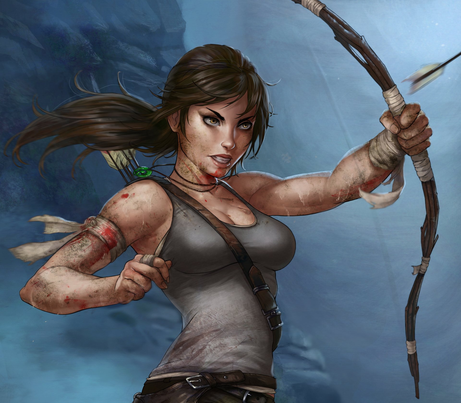 lara croft tomb raider lara croft tomb raider art weapon torment arrow jersey bandage blood wound face ponytail
