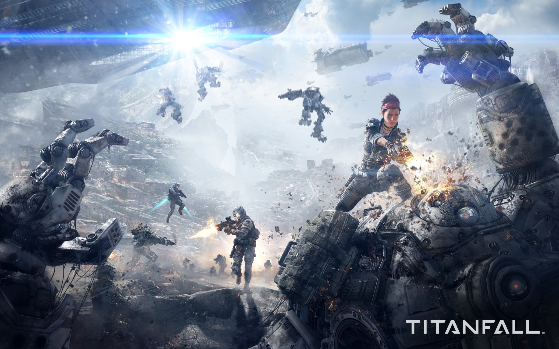 titanfall girl shot light ships clouds war battle men bottles robots weapon gun respawn entertainment electronic arts