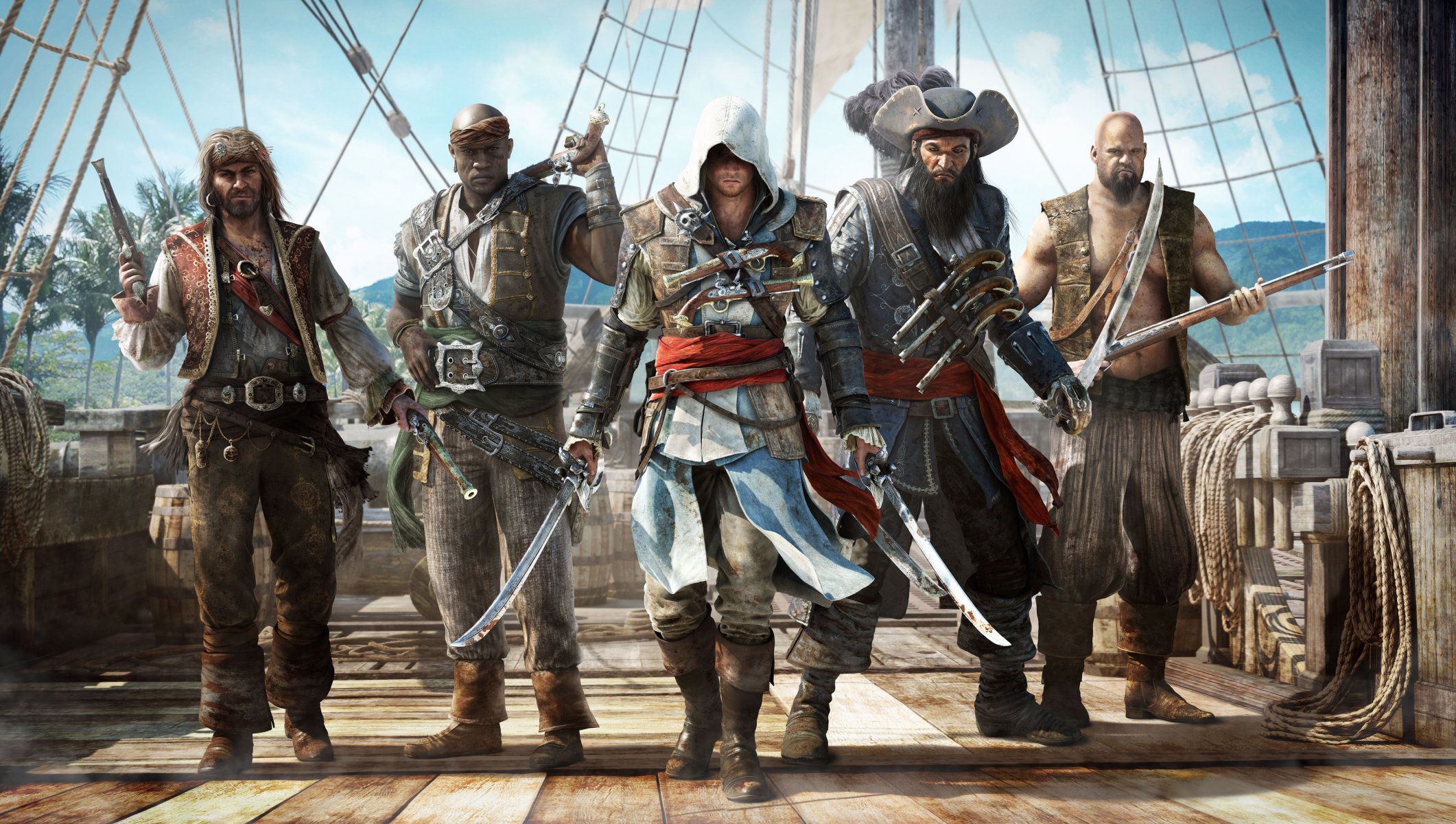 assassin's creed iv: black flag assassin's creed 4 : black flag pirates assassin killer edward kenuey edward kenway weapon saber pistols hood edward teach blackbeard ship drums ubisoft
