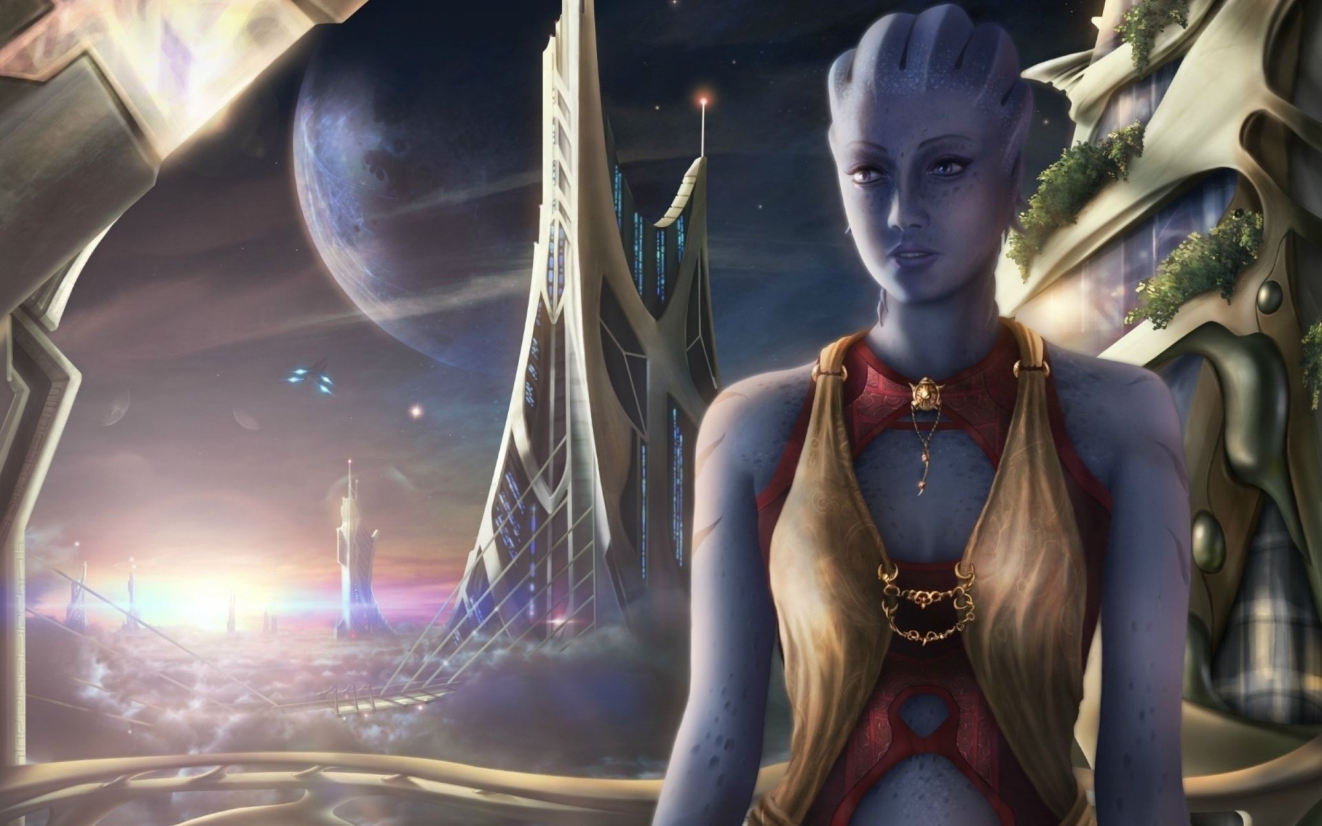 fan art mass effect liara hazard town thessia planet ship clouds views