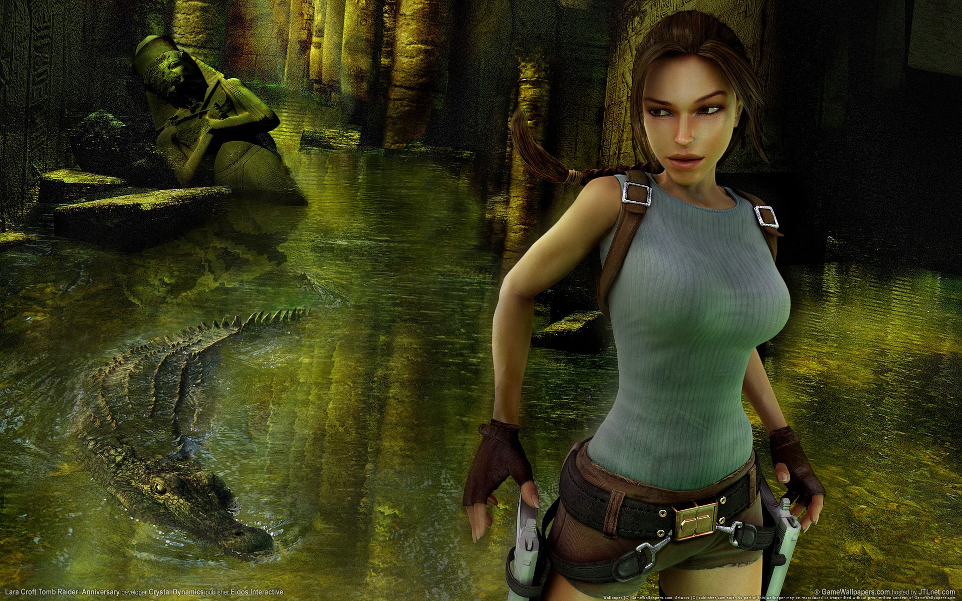 lara croft tomb raider: anniversary game wallpapers girl guns fire crocodile ruins lara croft tomb raider tomb raider weapon statue