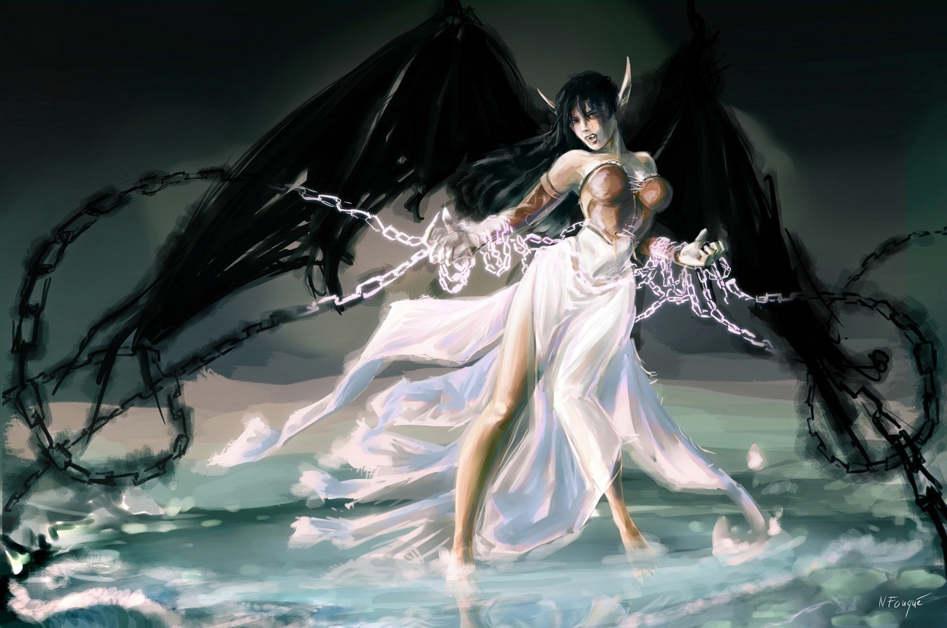 art nfouque league of legends morgana girl wings chains water