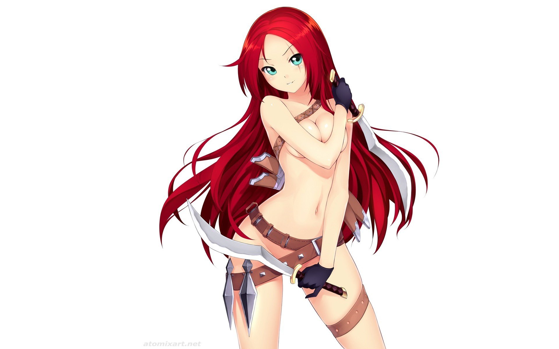 art atomix league of legends katarina white background girl weapon blade knife dagger belt naked