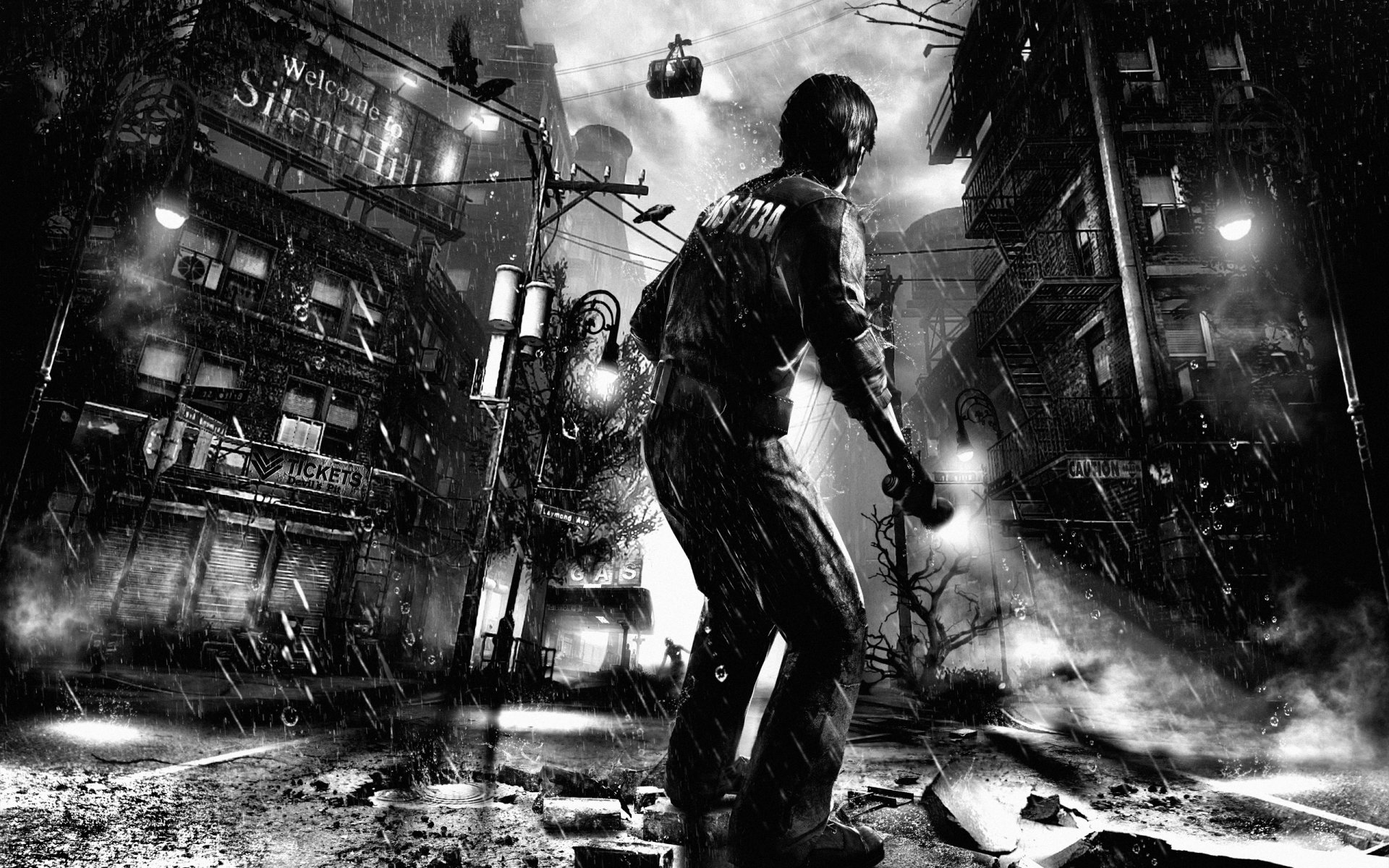 silent hill: downpour welcome silent hill rain murphy pendleton prisoner town street flashlight raven fog window balconies house lamps road moon tree monster