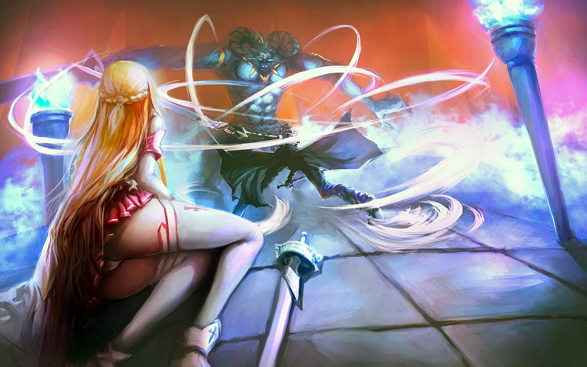 art sword art online yuuki asuna girl guy monster sword battle magic lights