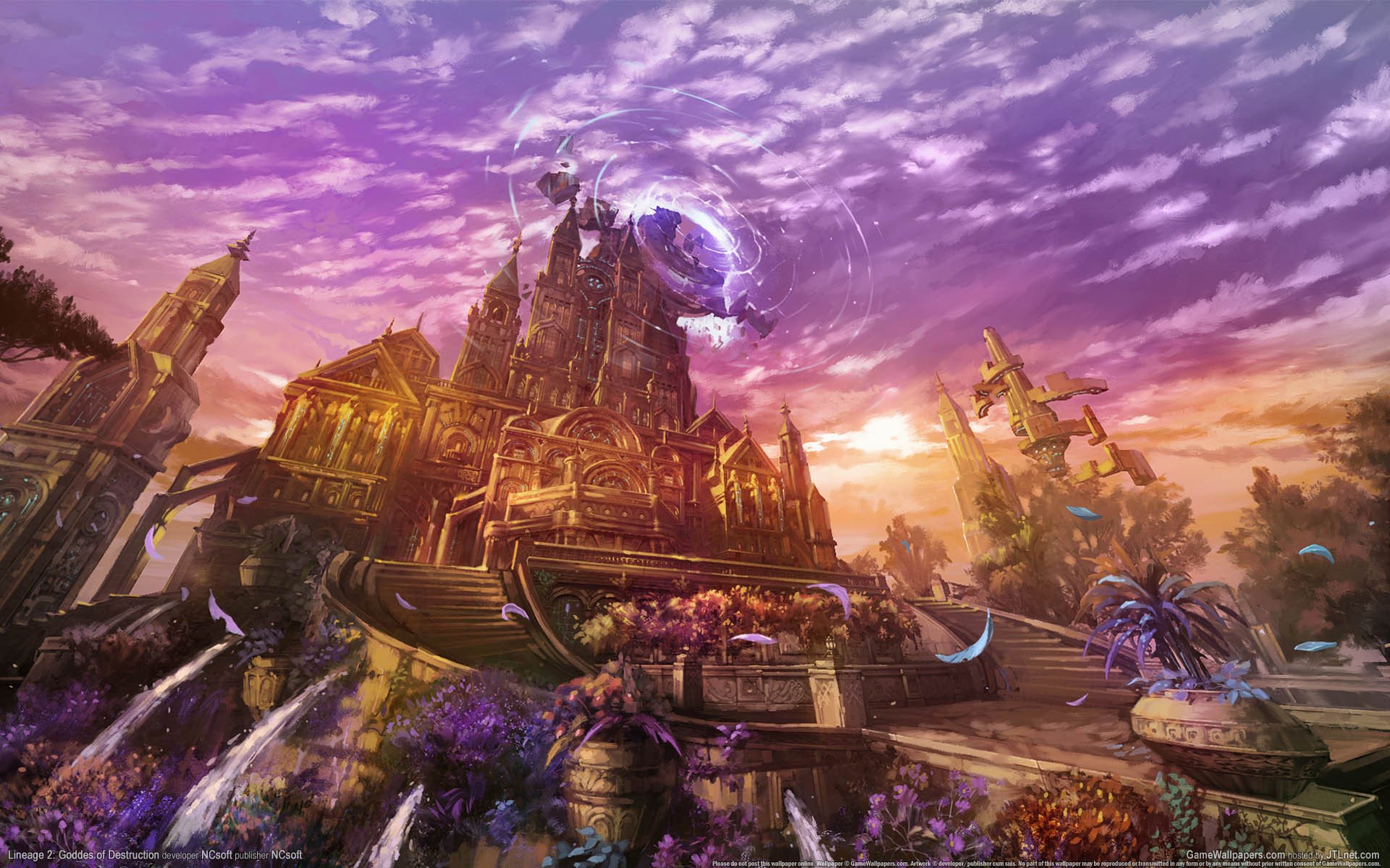 lineage 2: goddess of destruction game wallpapers fantasy city sunset magic flowers castle sky clouds line the goddess of destruction town flower square palace ladder