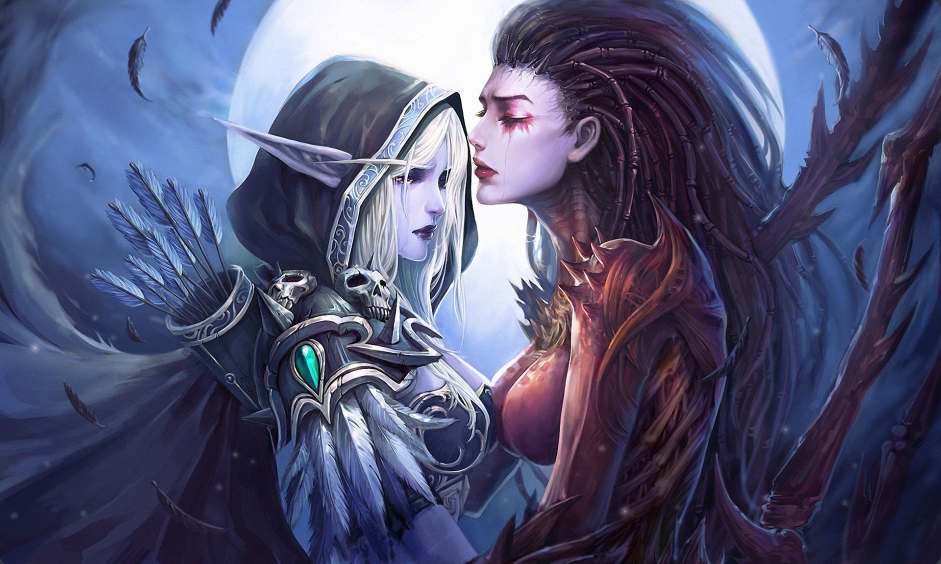 art nanaly world of warcraft starcraft sarah kerrigan sylvanas windrunner girls tears boom hood wings elf moon feathers