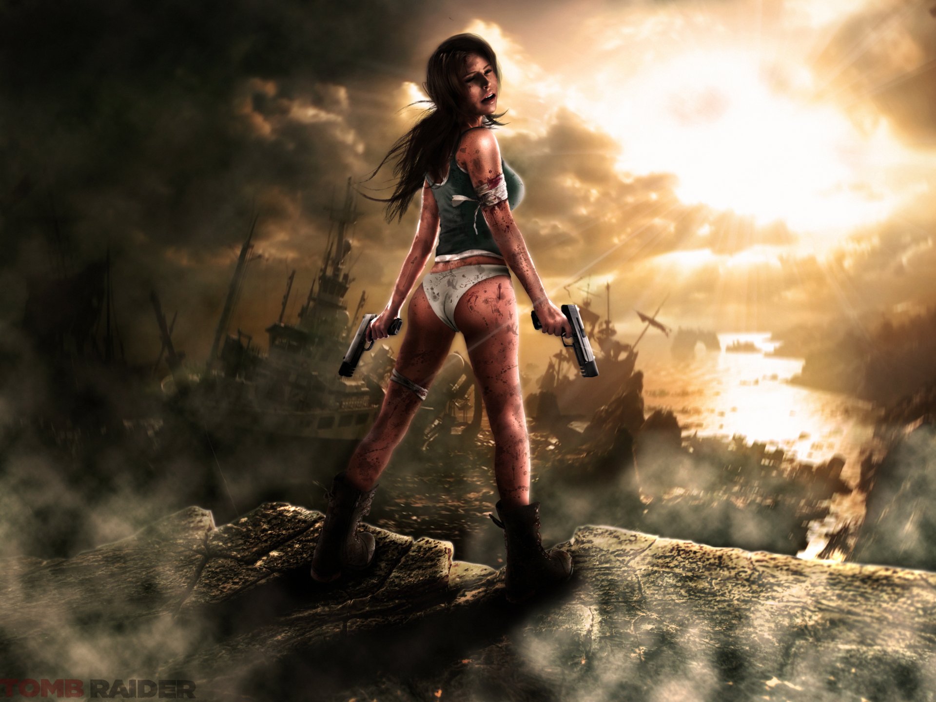 tomb raider lara croft girl guns dressings blood stones ships clouds rays