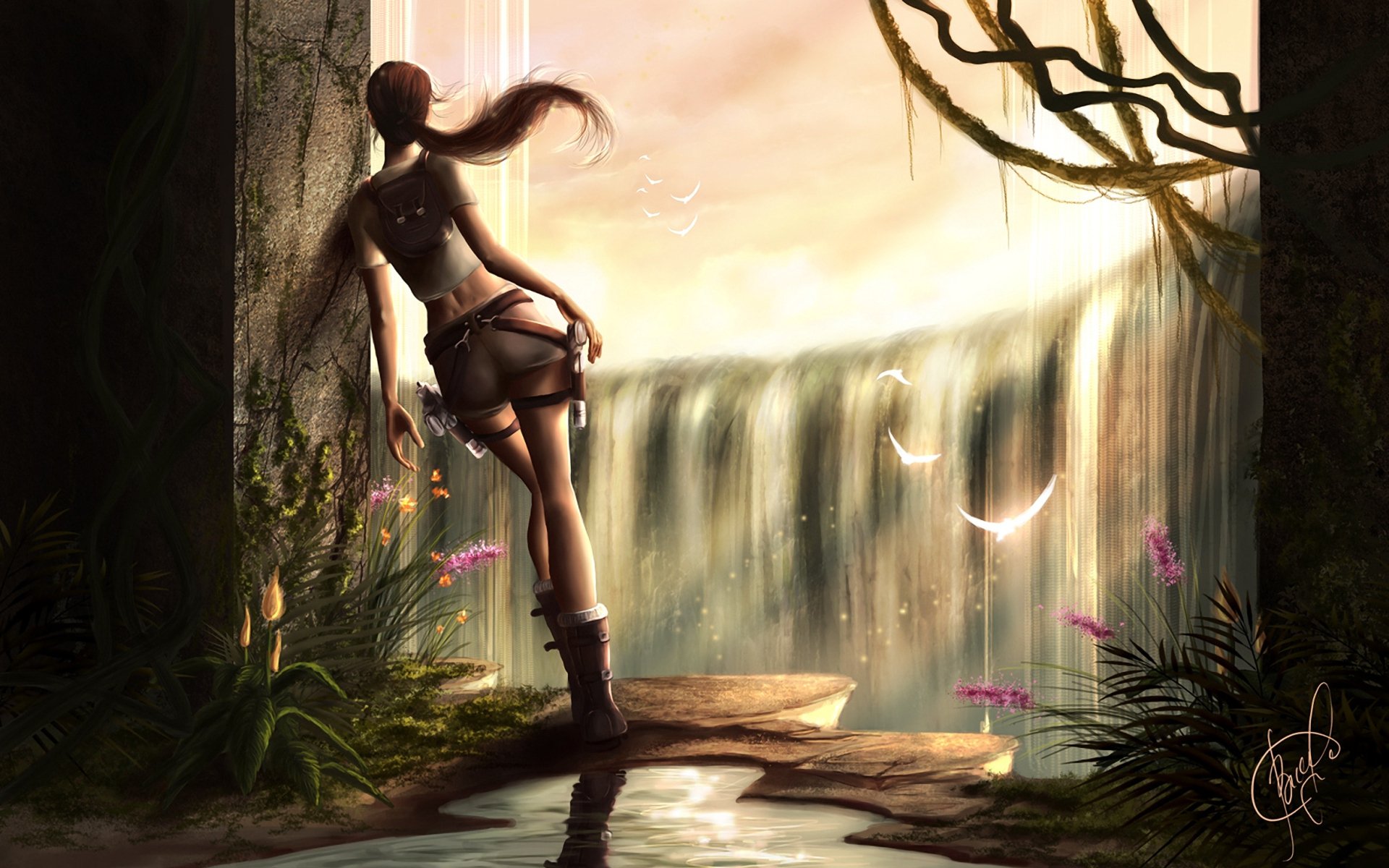 tomb raider lara croft girl waterfall wall opening light plants birds