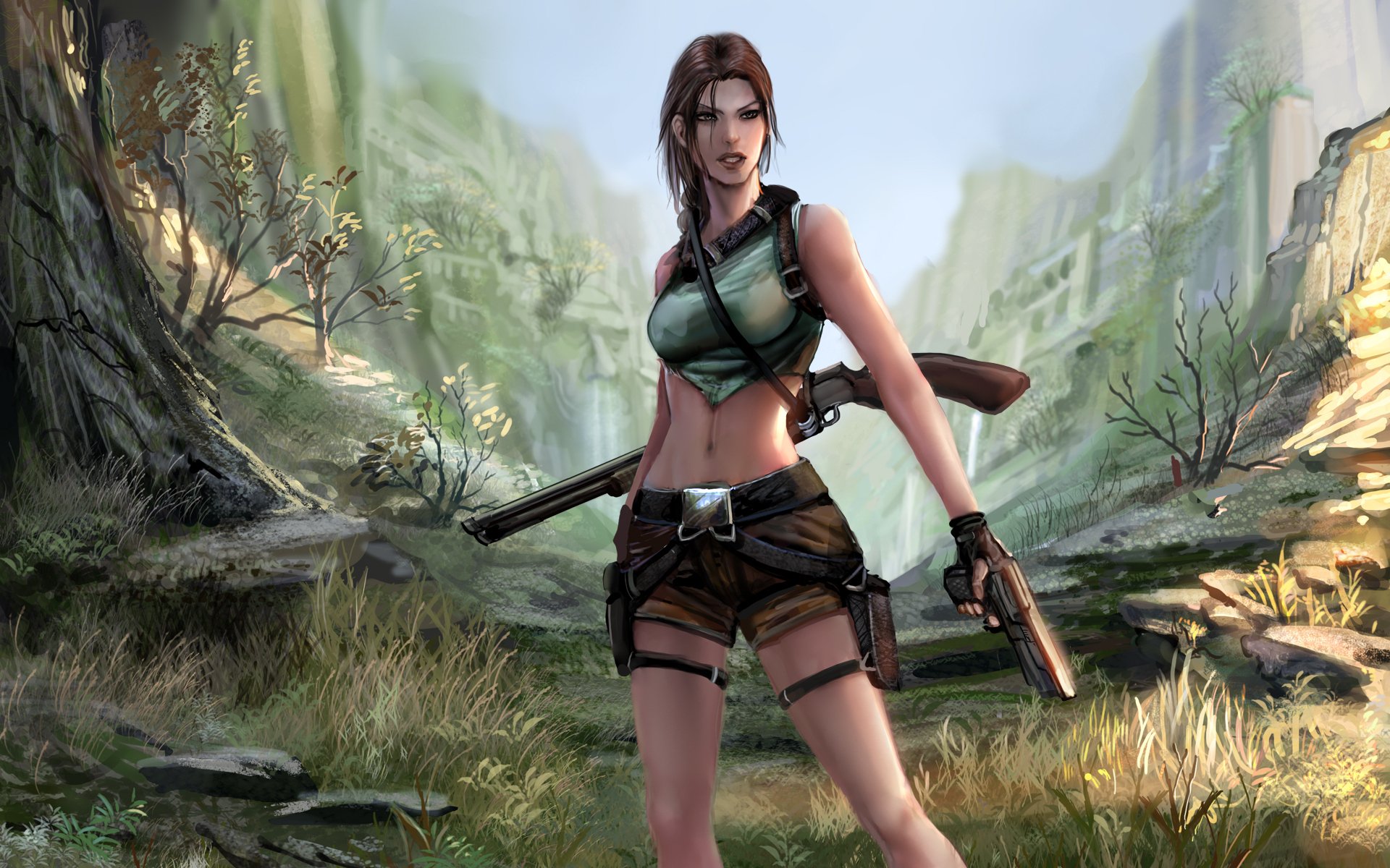 tomb raider lara croft girl gun shotgun valley tree pose shadow