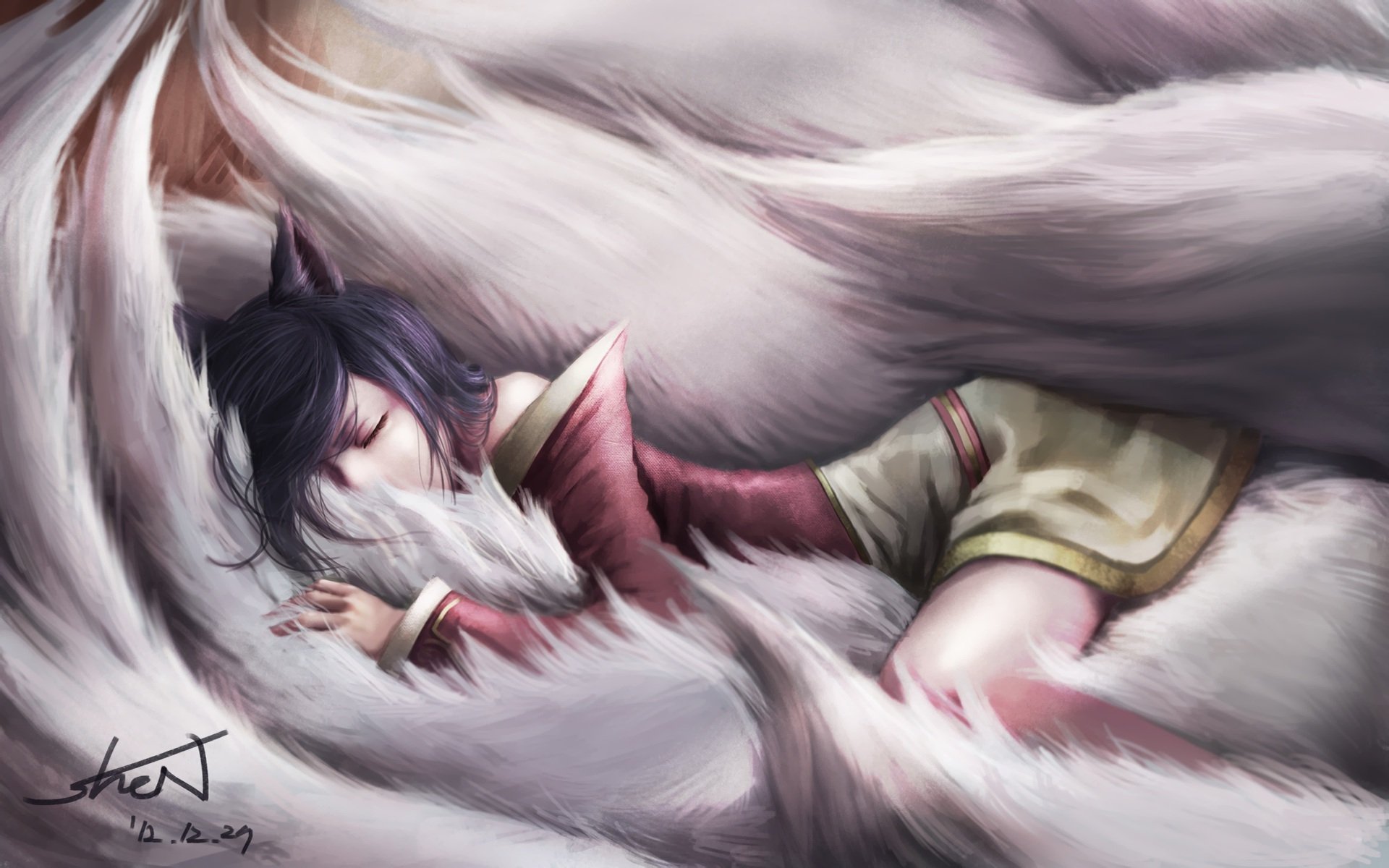 art league of legends ahri girl sleeping tails