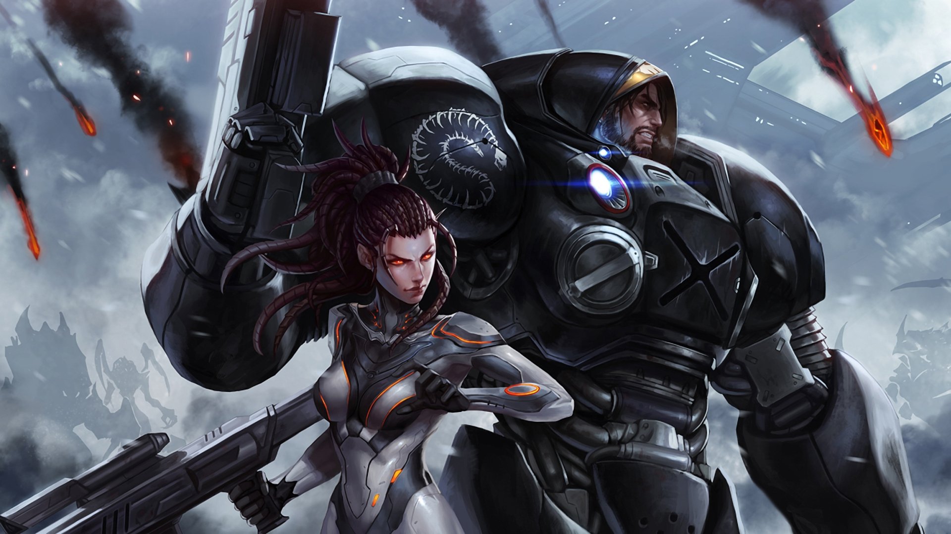 starcraft sarah kerrigan jim raynor landing weapon armour smoke fire silhouettes