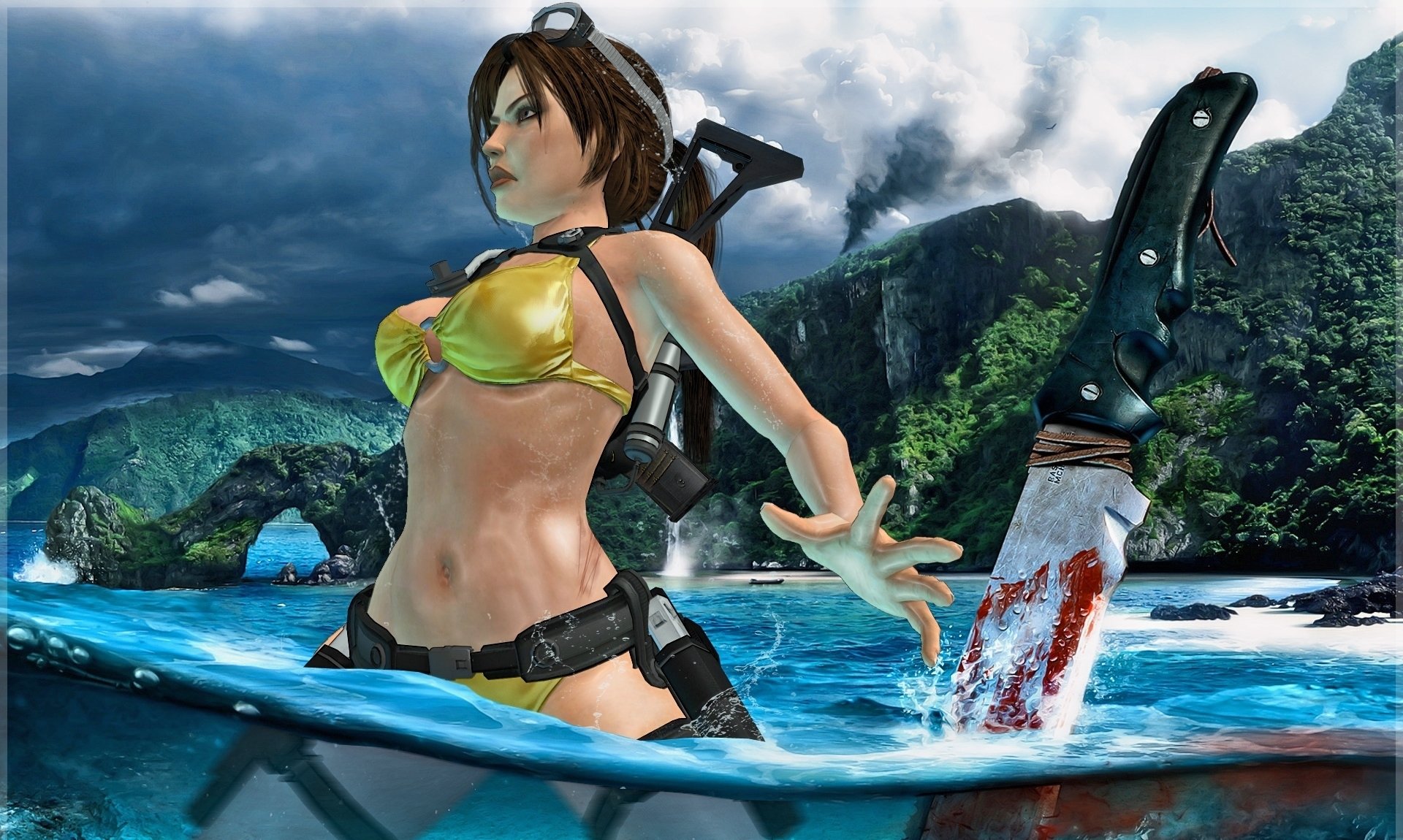 tomb raider lara croft far cry 3 water knife blood pose swimsuit weapon island