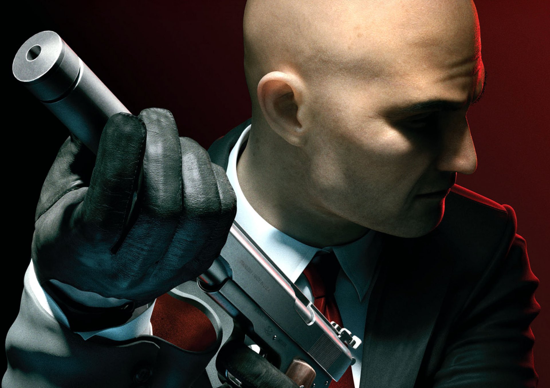 hitman: absolution assassin agent 47 forty-seventh bald gloves jacket necktie weapon silverballer silencer