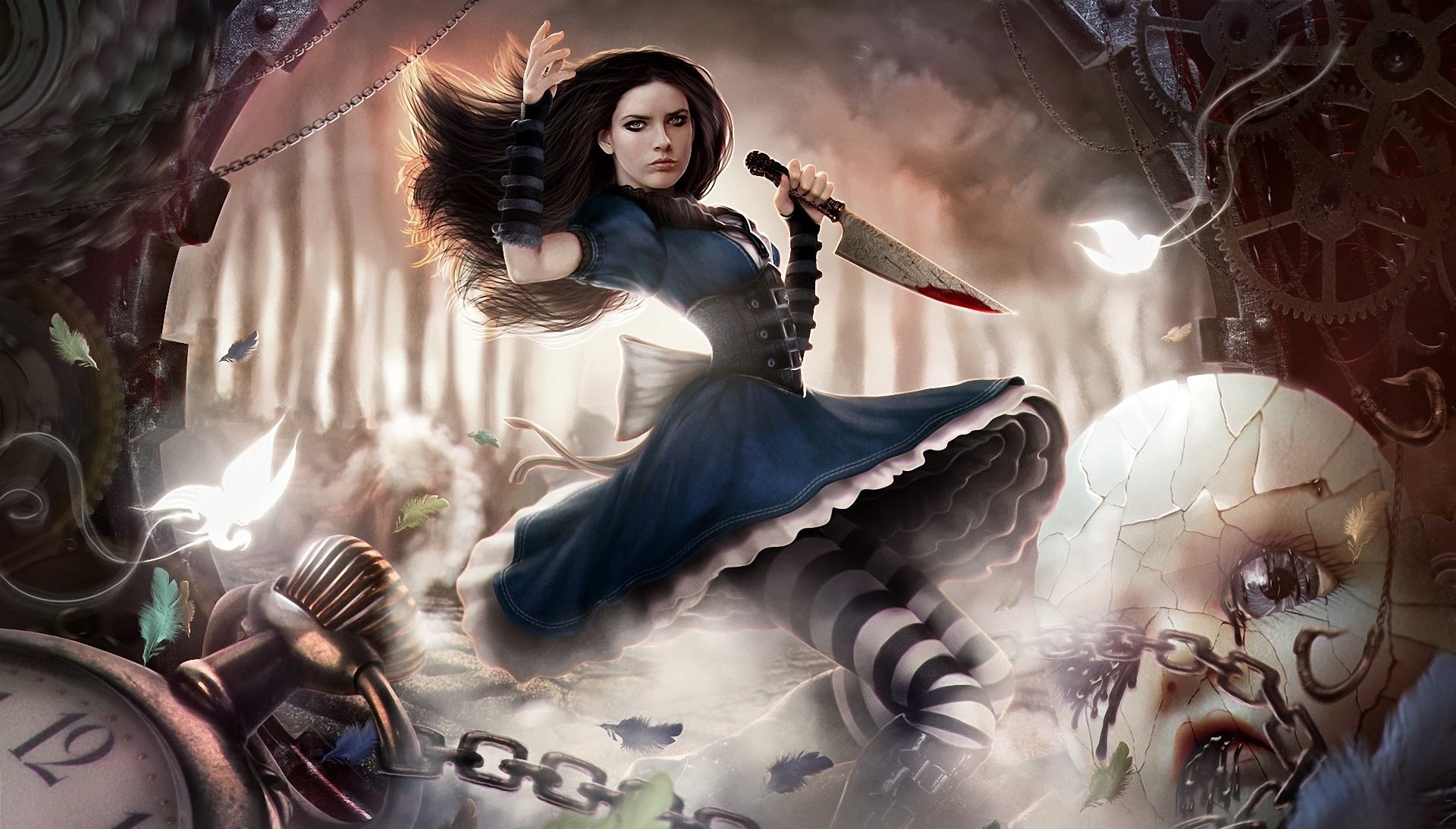 alice madness returns alice doll chains knife the mechanism watches butterfly motion blood forest feathers