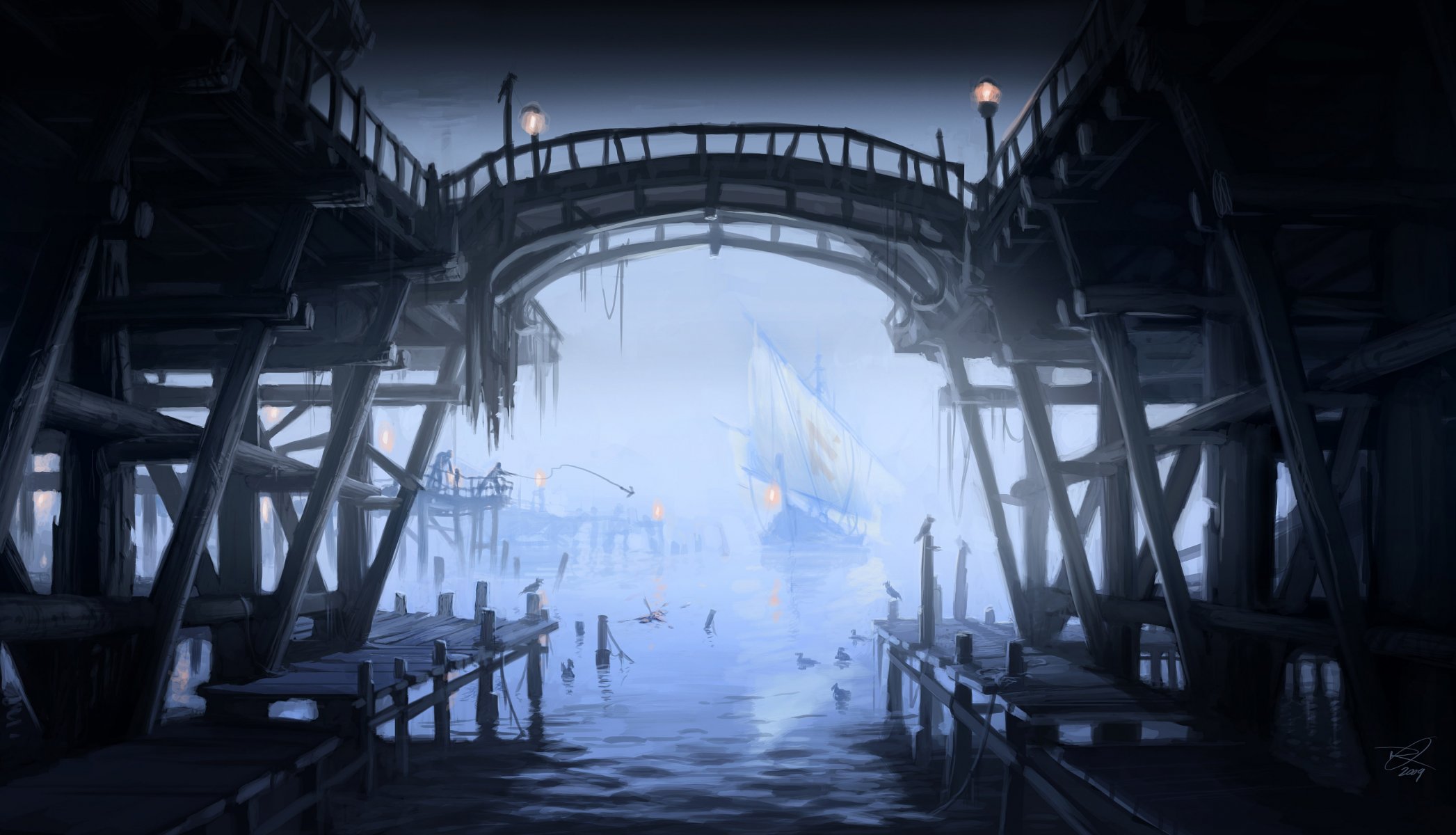 the elder scrolls v skyrim concept art wharf ships the port sailboats gulls lamps