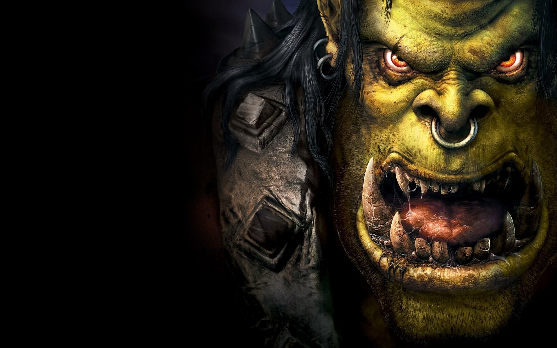 warcraft 3 reign of chaos orcs military craft power of chaos monster face eyes shine bow ring fall fangs english drooling armour