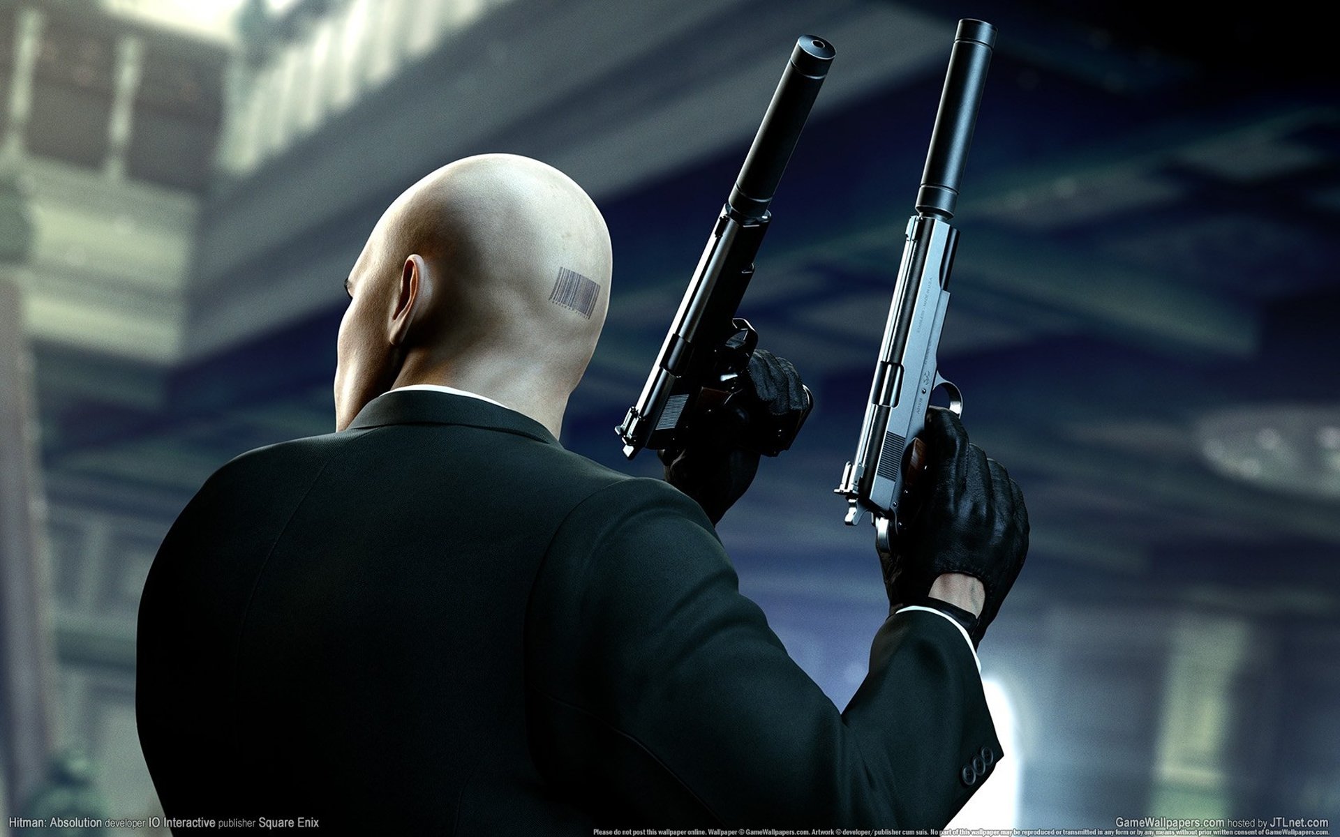 hitman: absolution assassin agent 47 forty-seventh barcode bald gloves jacket neck guns weapon silverballer silencers