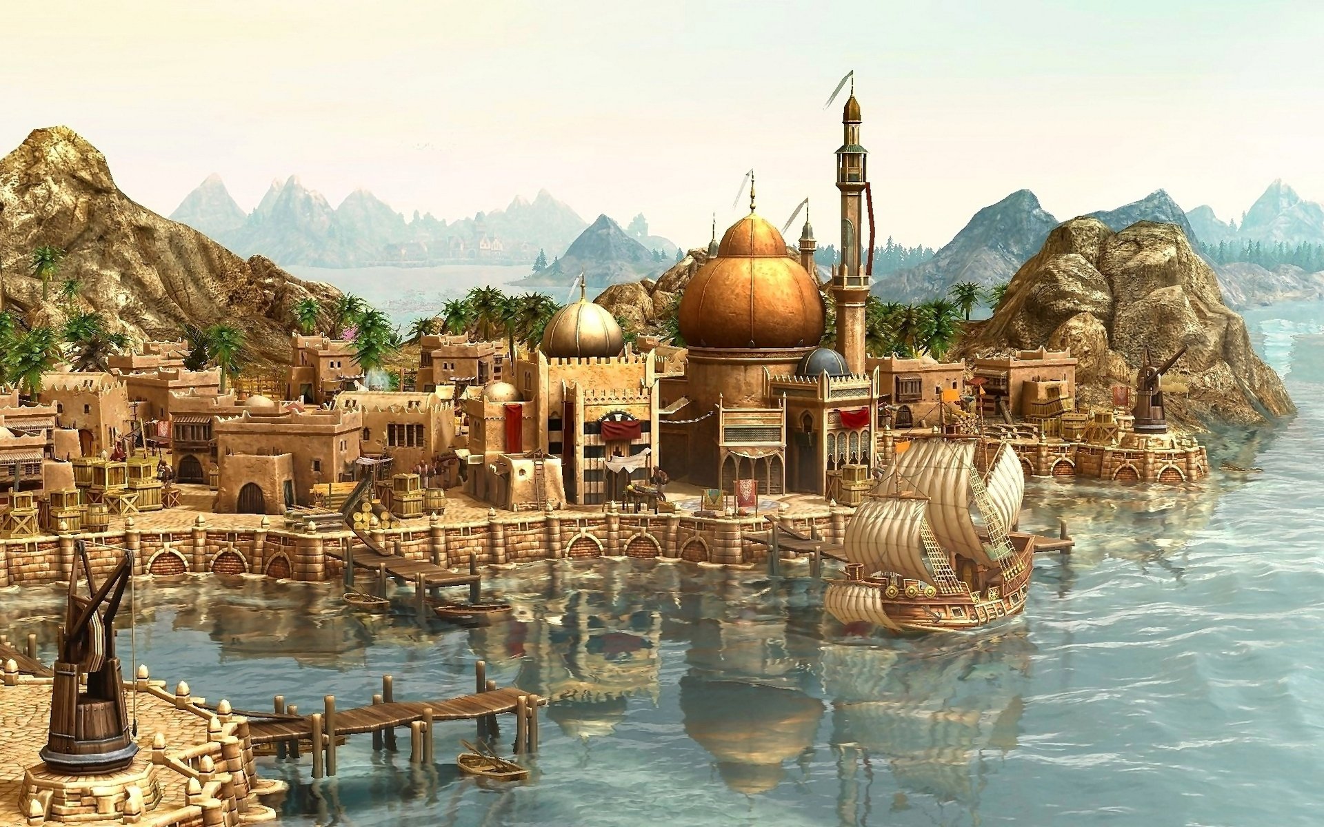 anno 1404 game wallpapers city ship arrival rendering town the port travel
