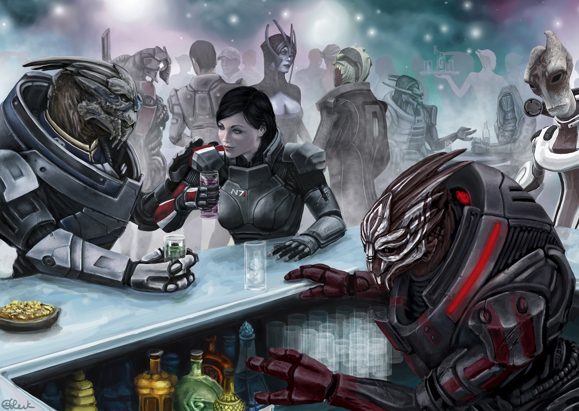fanart me3 mass effect 3 garrus vakarian commander shephard captain shepard female bar drinking turians salarians drell legion