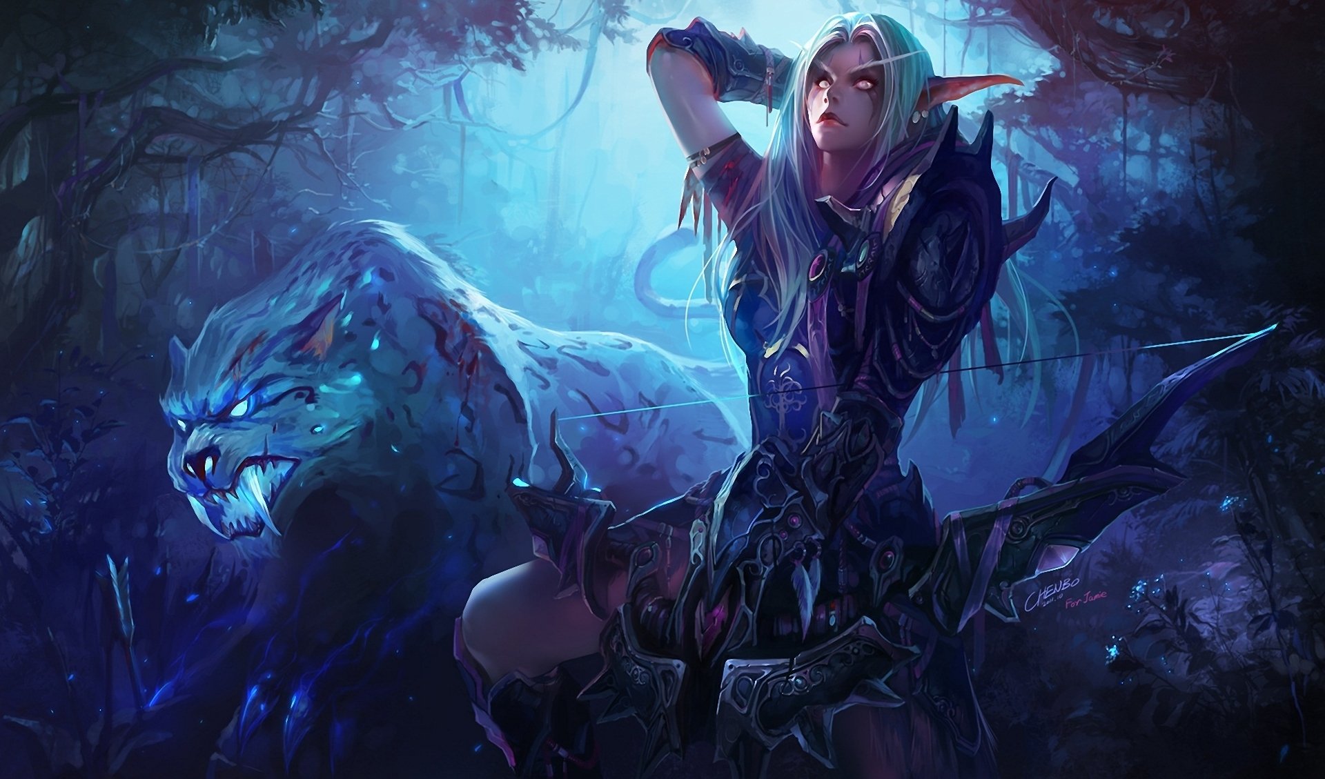 art chenbo world of warcraft elf tiger the beast fangs night forest torment archer