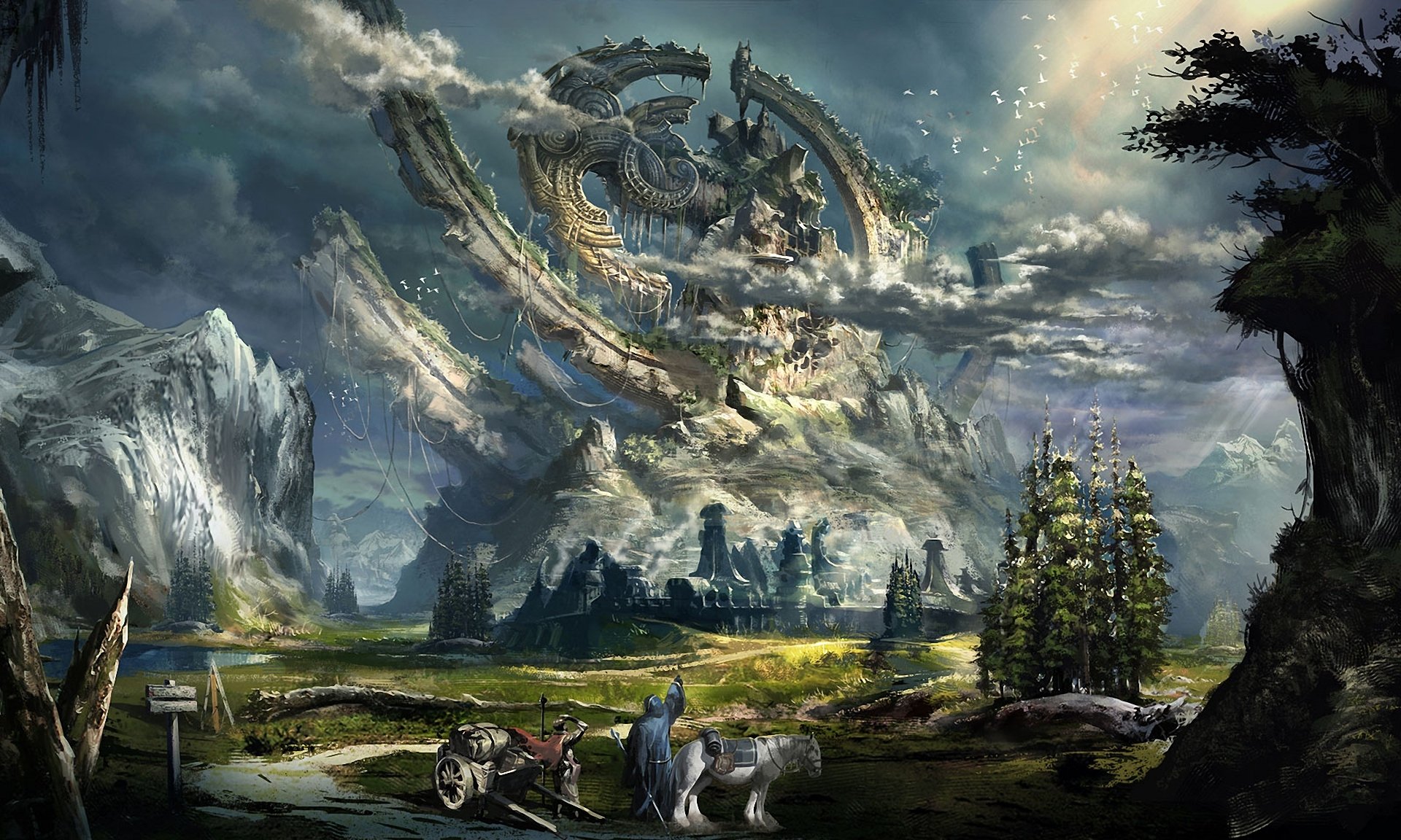 tera online mountain construction huge stone ropes travelers birds clouds road wagon horse