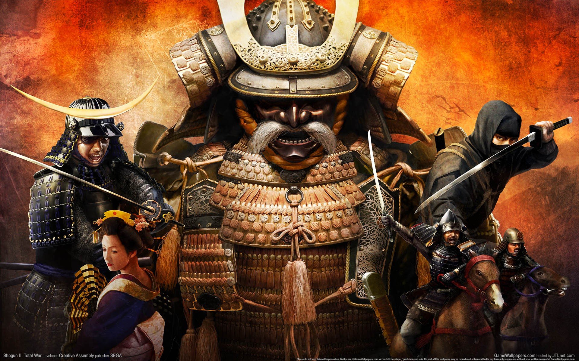 shogun total war wide wall wallpaper japan sword katana yellow background horseman samurai warriors horn in the mask girl ninja