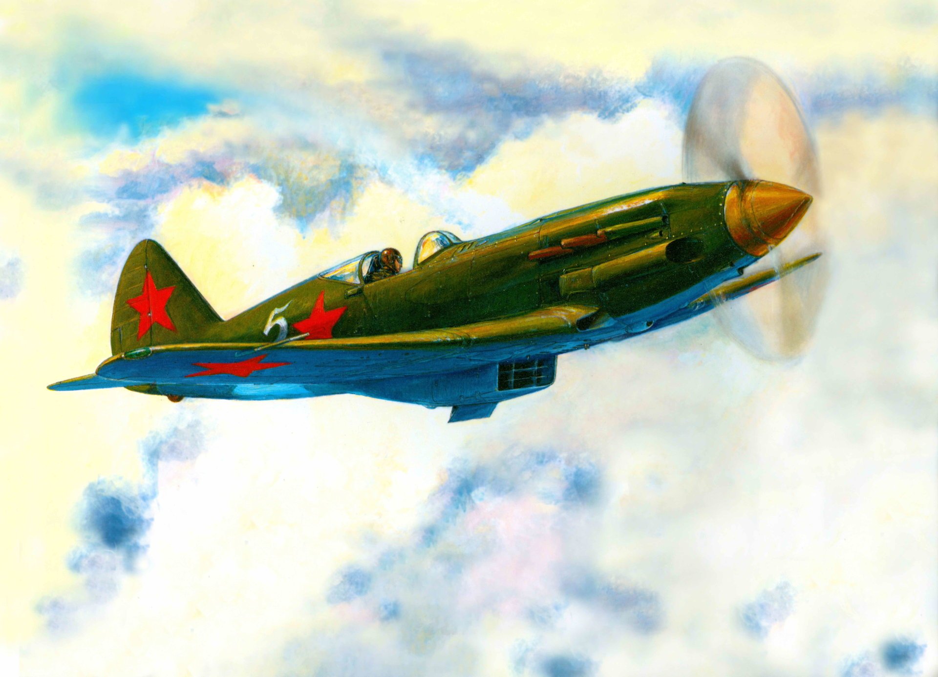 mig- 3 fighter aviation plane flight clouds sky day wings soviet union art picture