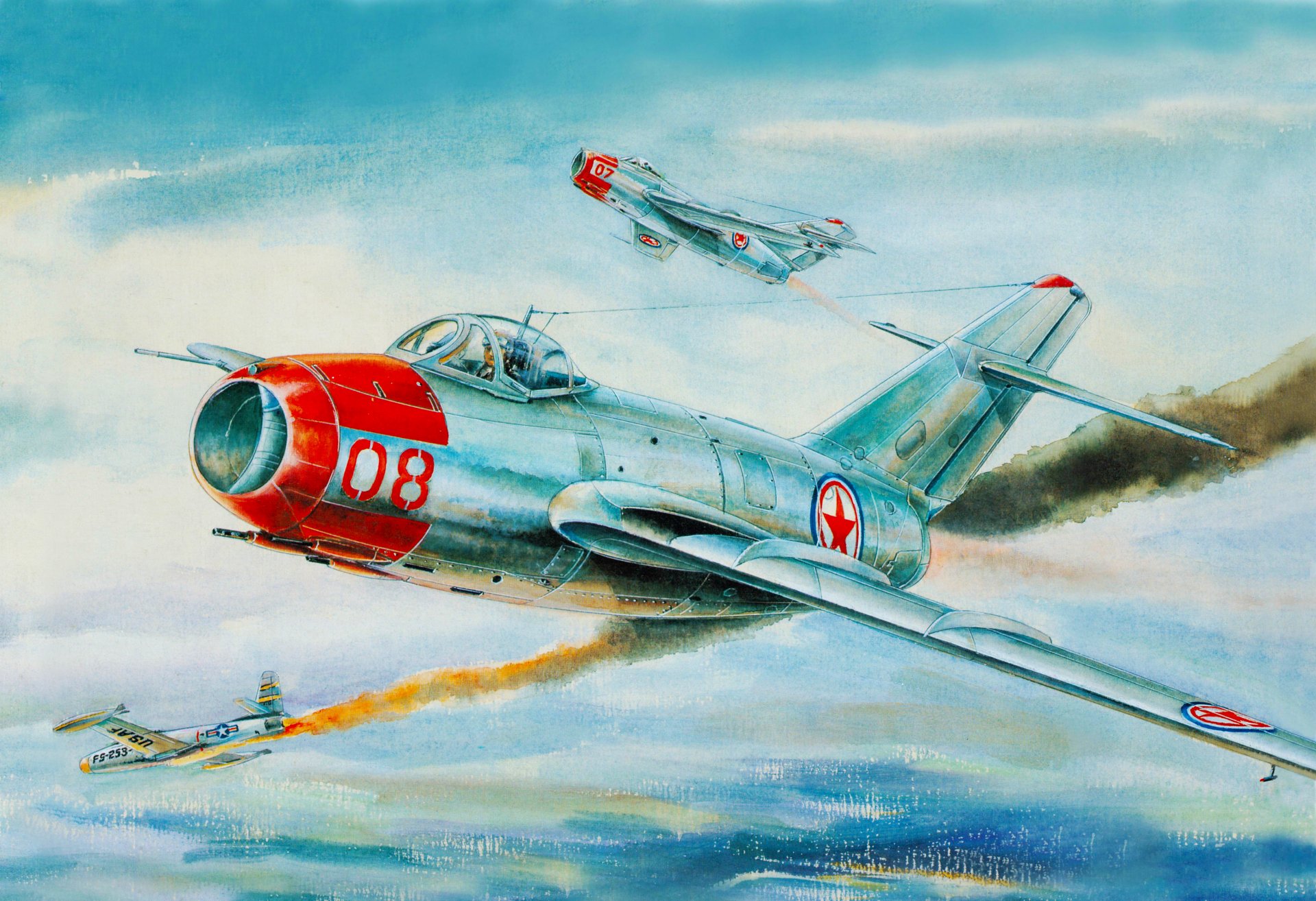mig- 15 fagot f-86 fighter mikoyan gurevich sky korea art picture bow flight crashed war