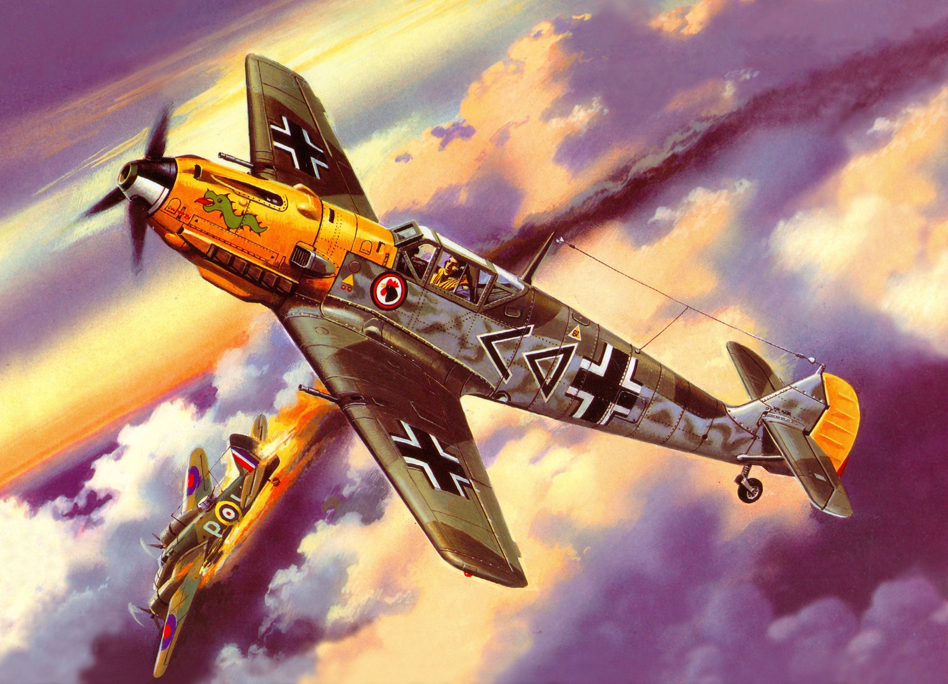 art dogfight bf - 109e - 4 german fighter shot down british bombers bristol blenheim sky clouds ww2 picture