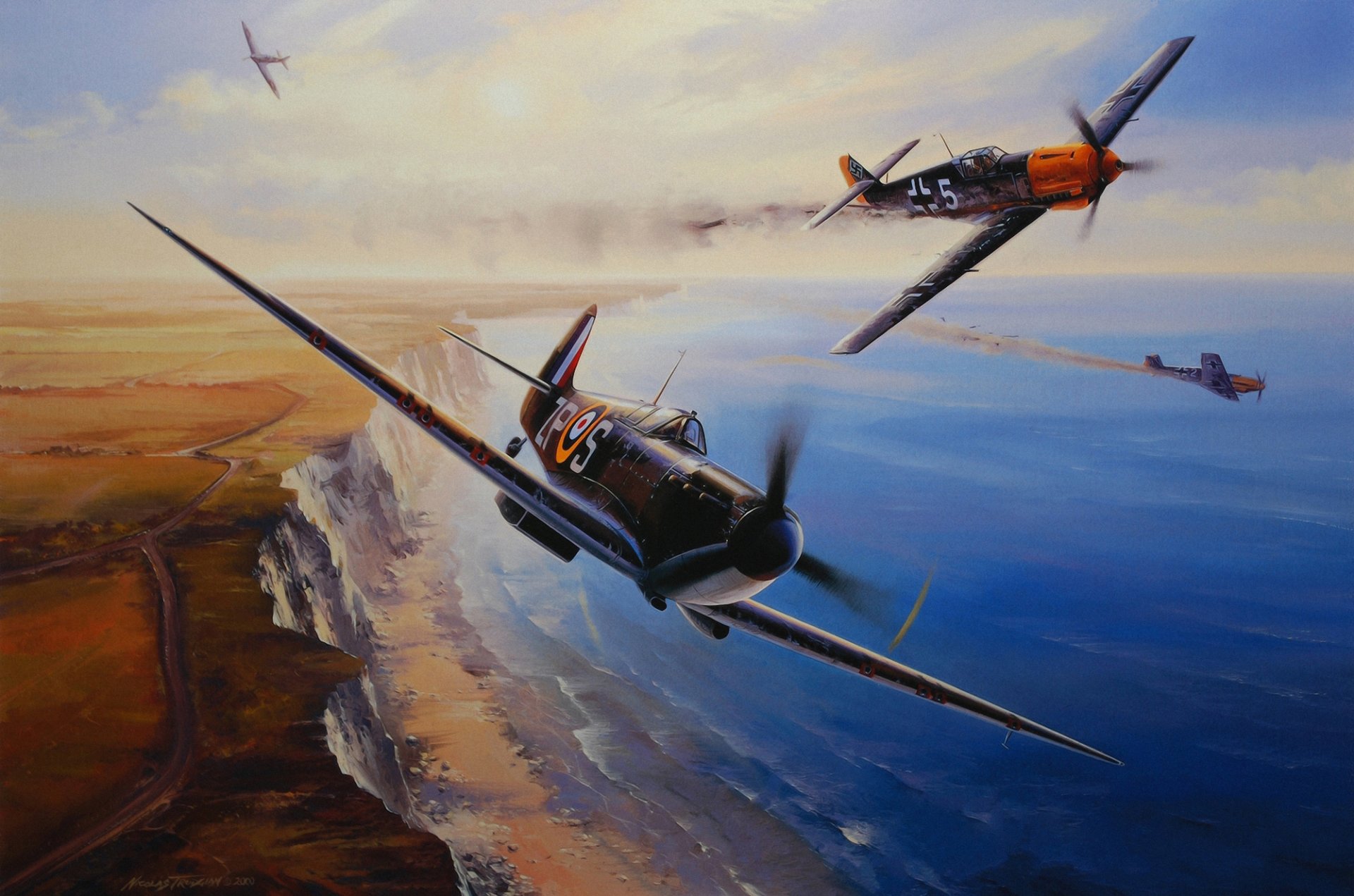messerschmitt bf 109 supermarine spifire battle of britain ww2 war dogfight drawing painting art aviation aircraft airplane
