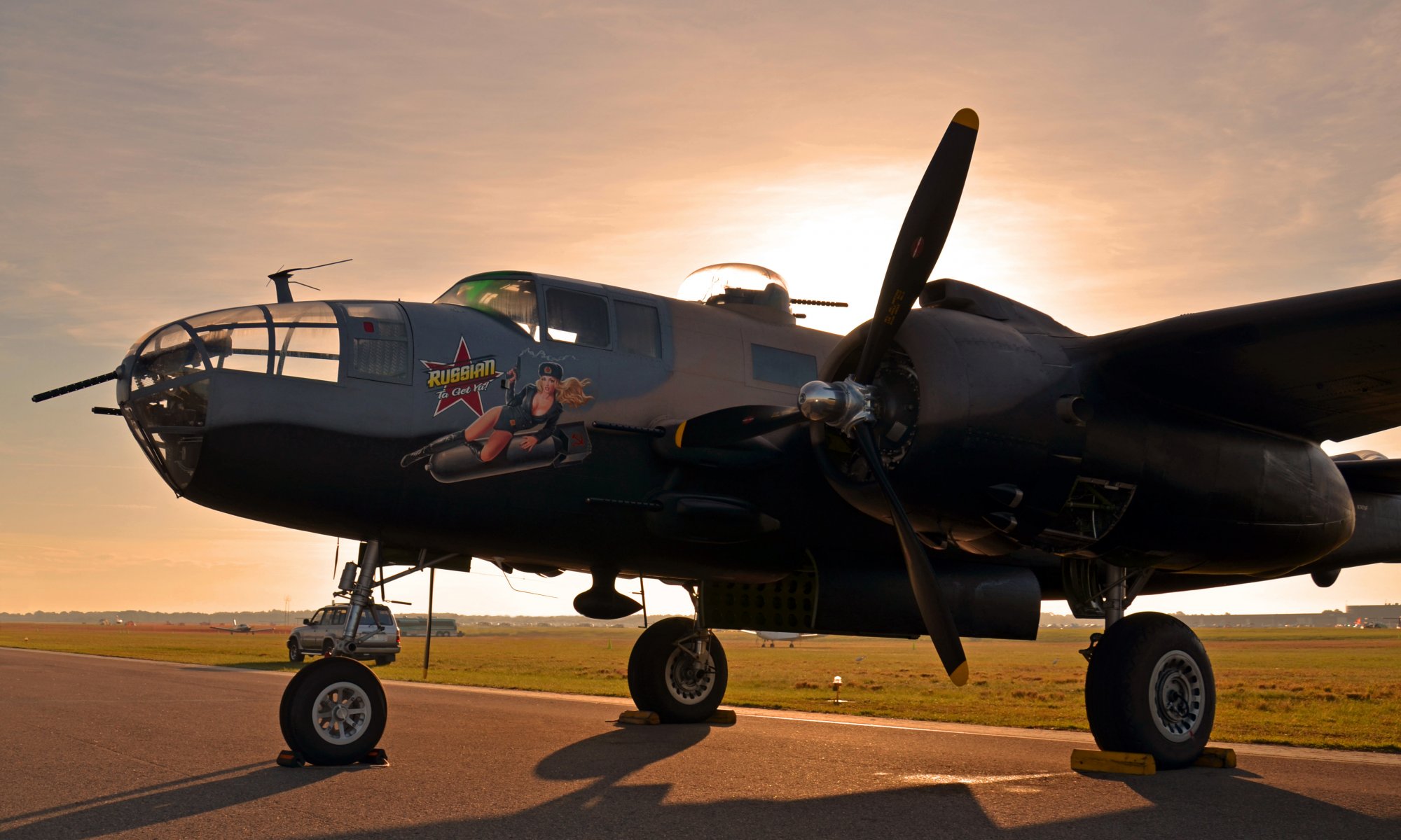military historical club plane b-25 mitchell b- 25 mitchell north american american twin-engine all-metal bomber average radius activities airbrush lend-lease sunset parking second world war airshow p