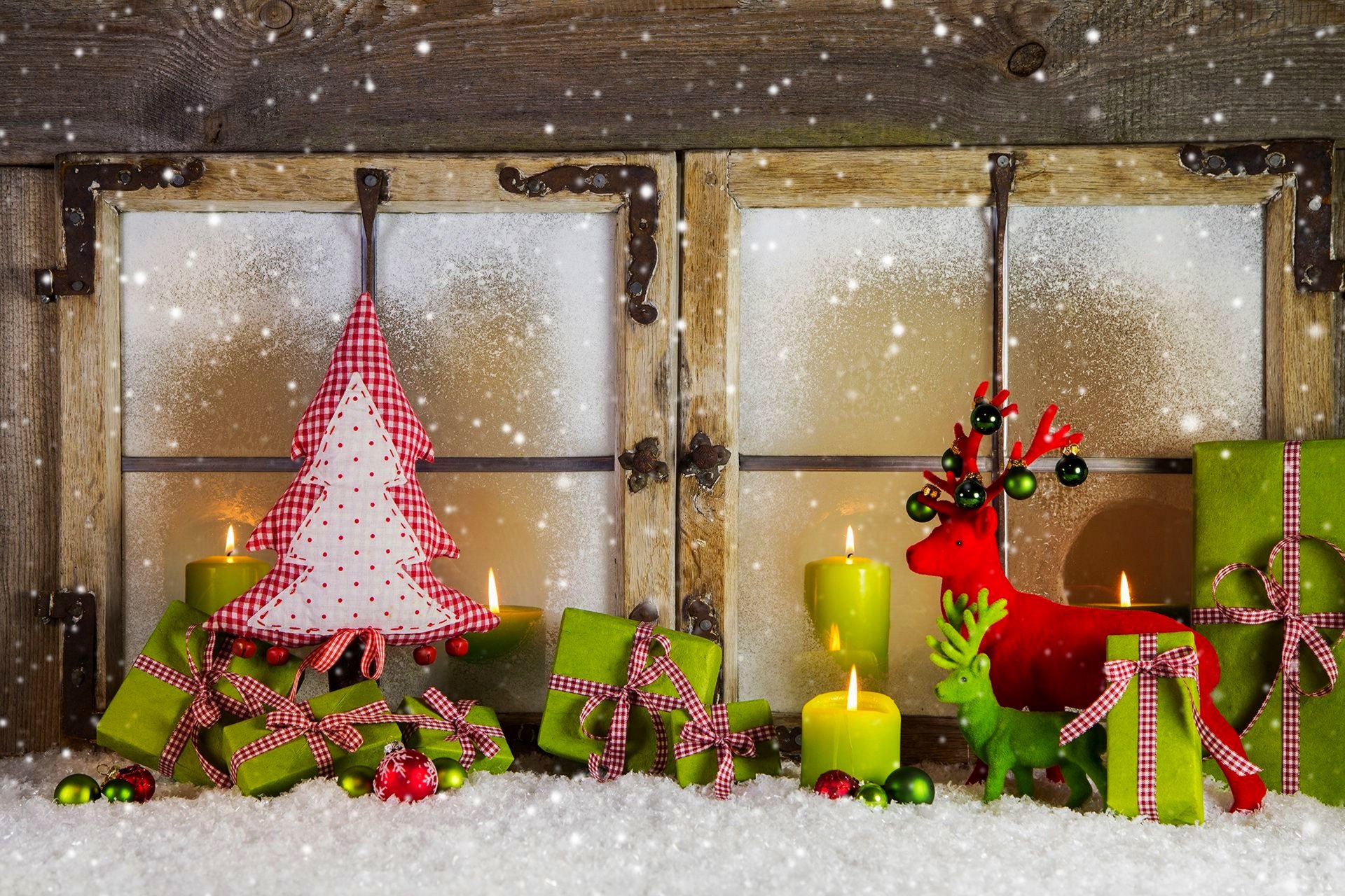 holiday window happy new year merry christmas christmas decoration balls gift box candles christmas tree snow winter new year decoration gifts