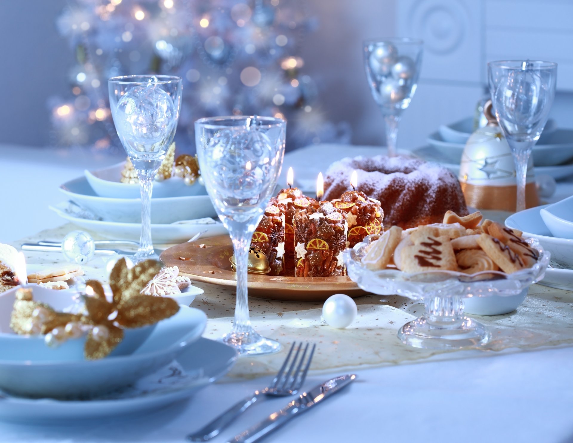 table festive dish glasses candles cookies cake baking food christmas tree holidays winter new year christmas