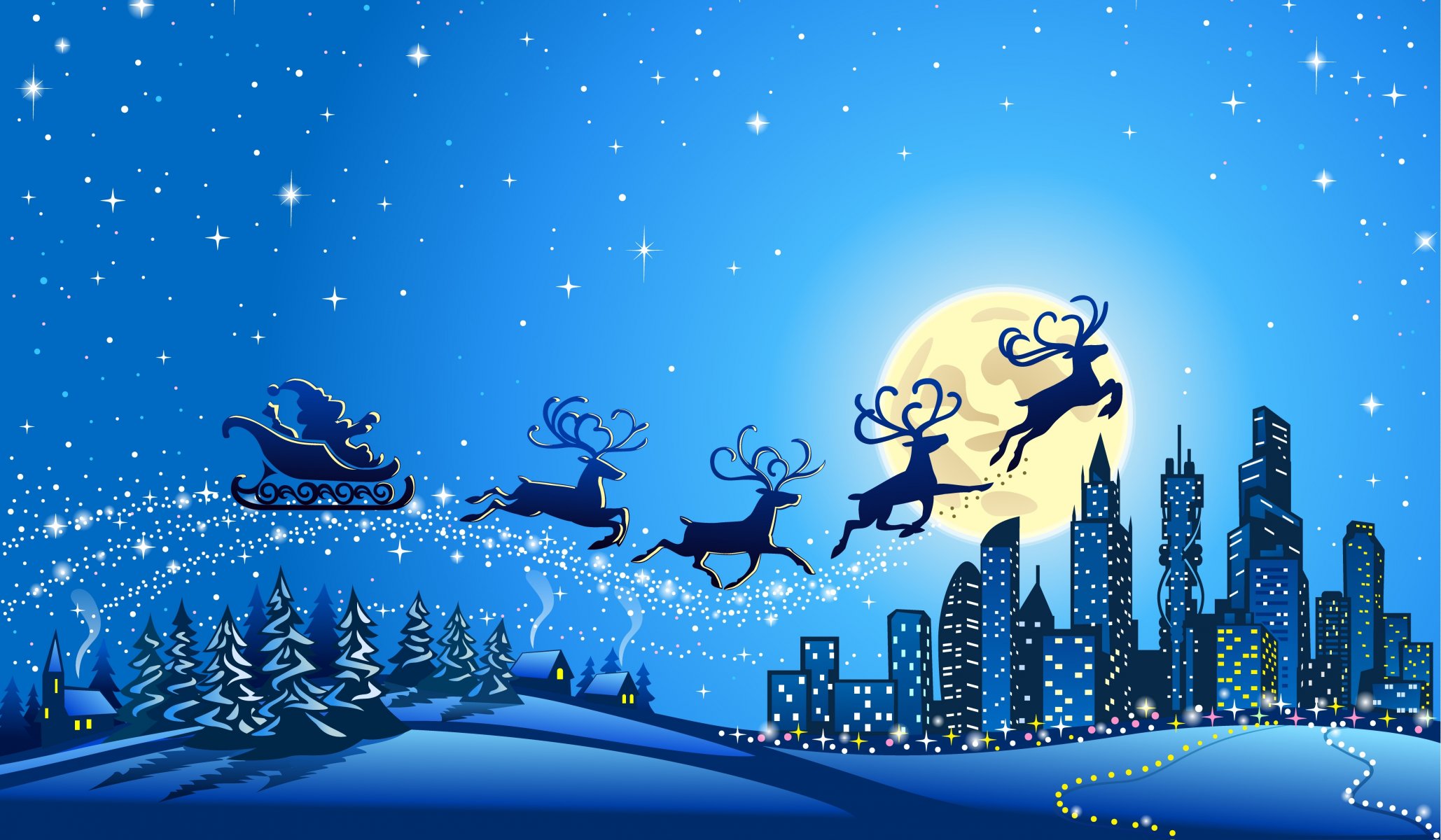 new year merry christmas snow trees ice town full moon reindeer houses stars vector graphic santa claus coming city tree house star graphics is the grandfather frost g
