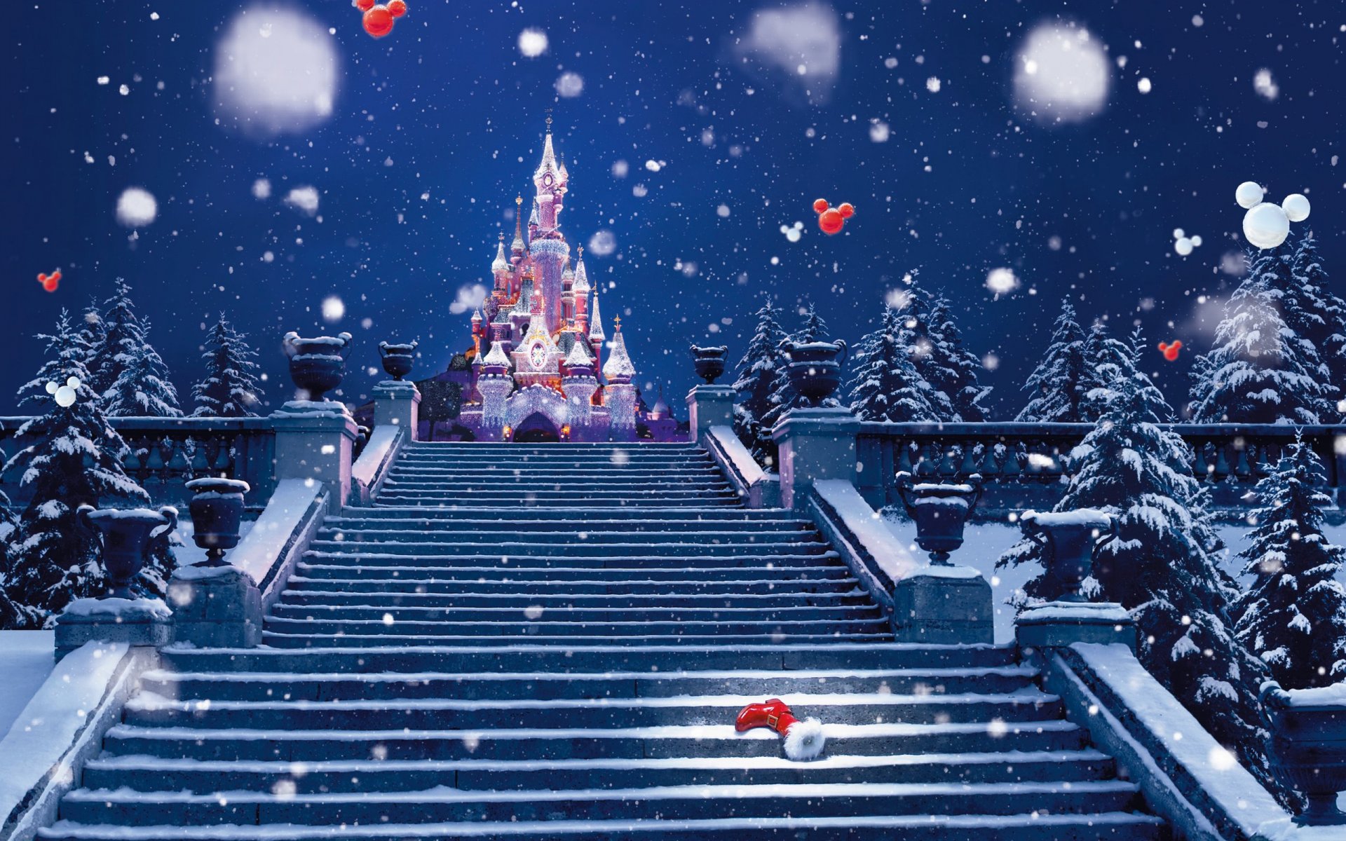 spruce castle lights decoration degree stairs winter snow christmas boot santa boots boots new year holiday christmas disneyland paris